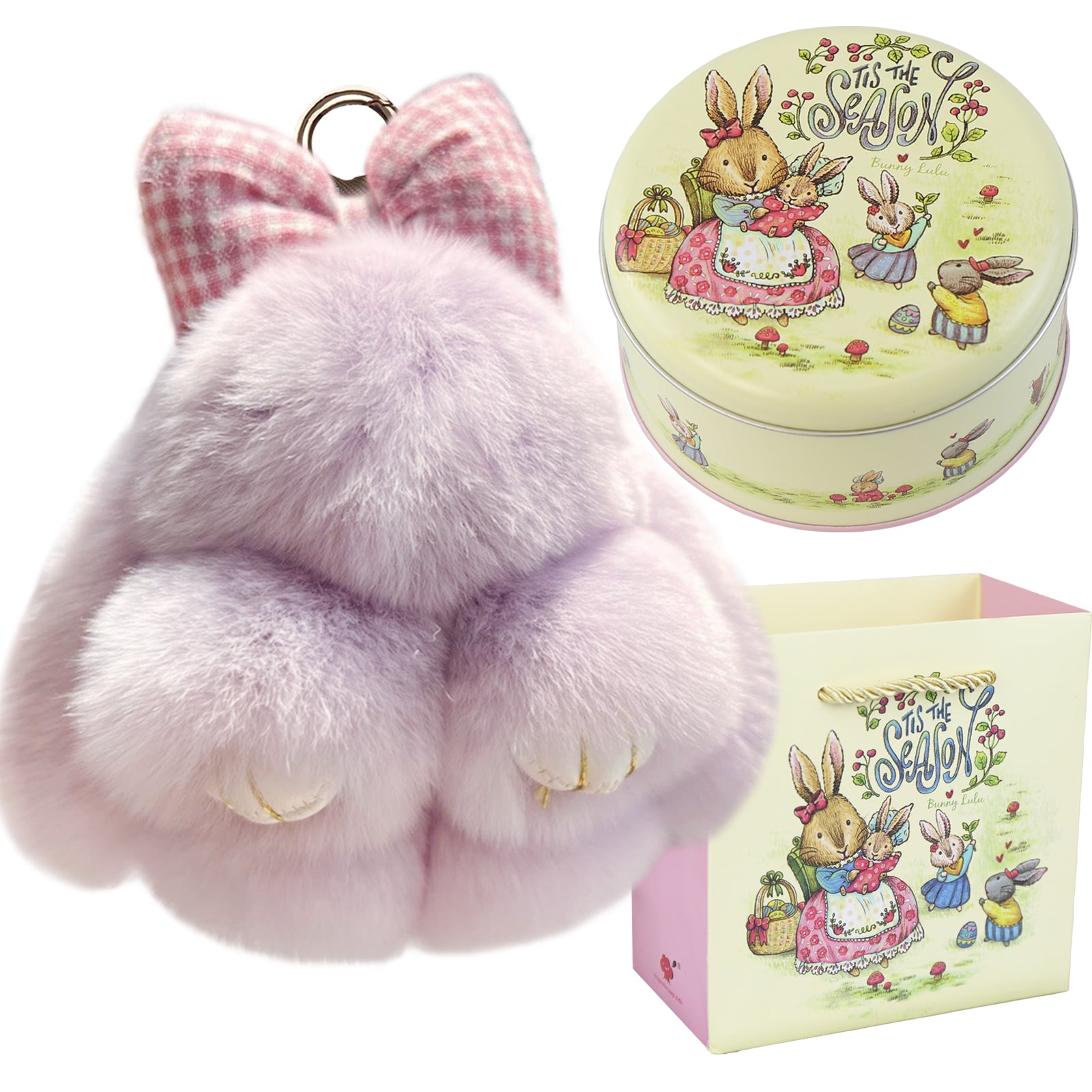 Bunny Lulu Keychain with Tin & Bag Rabbit Fur Bunny Lulu Keychain With Bow for Women Cute Soft Plush Accessory