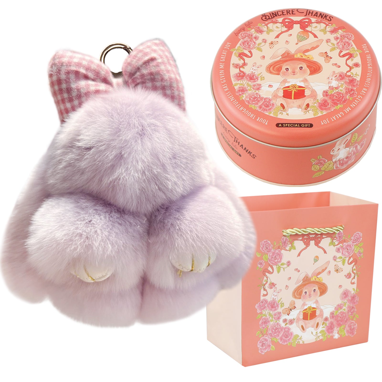 Bunny Lulu Keychain with Tin & Bag Rabbit Fur Bunny Lulu Keychain With Bow for Women Cute Soft Plush Accessory