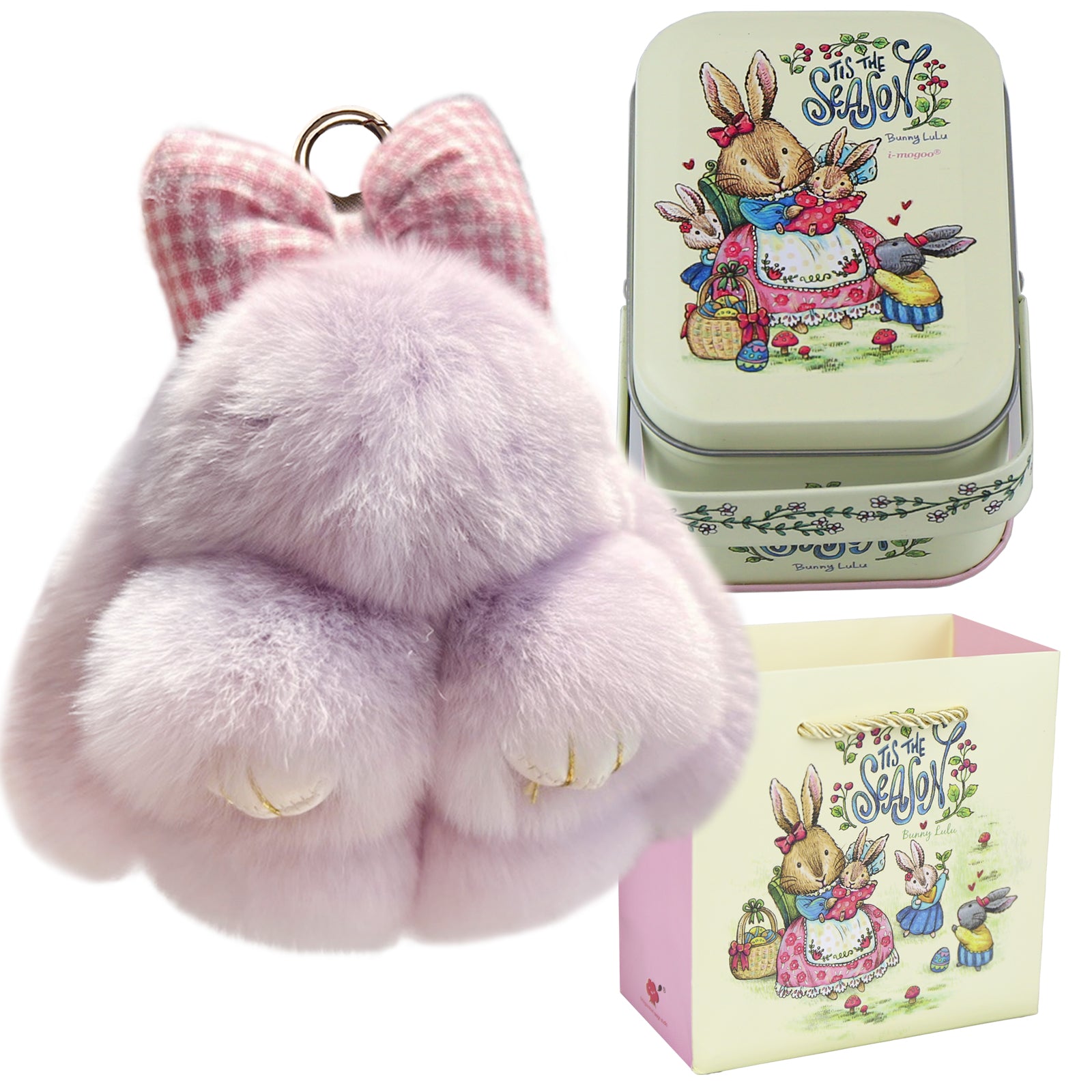 Bunny Lulu Keychain with Tin & Bag Rabbit Fur Bunny Lulu Keychain With Bow for Women Cute Soft Plush Accessory