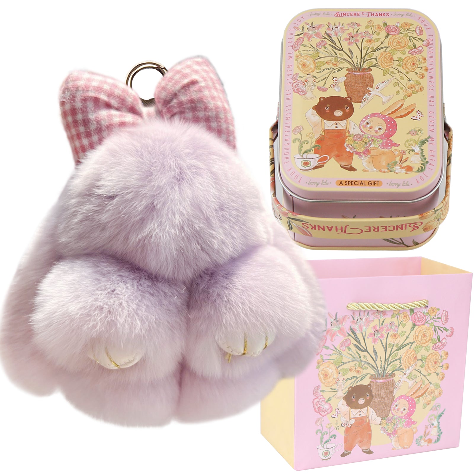 Bunny Lulu Keychain with Tin & Bag Rabbit Fur Bunny Lulu Keychain With Bow for Women Cute Soft Plush Accessory