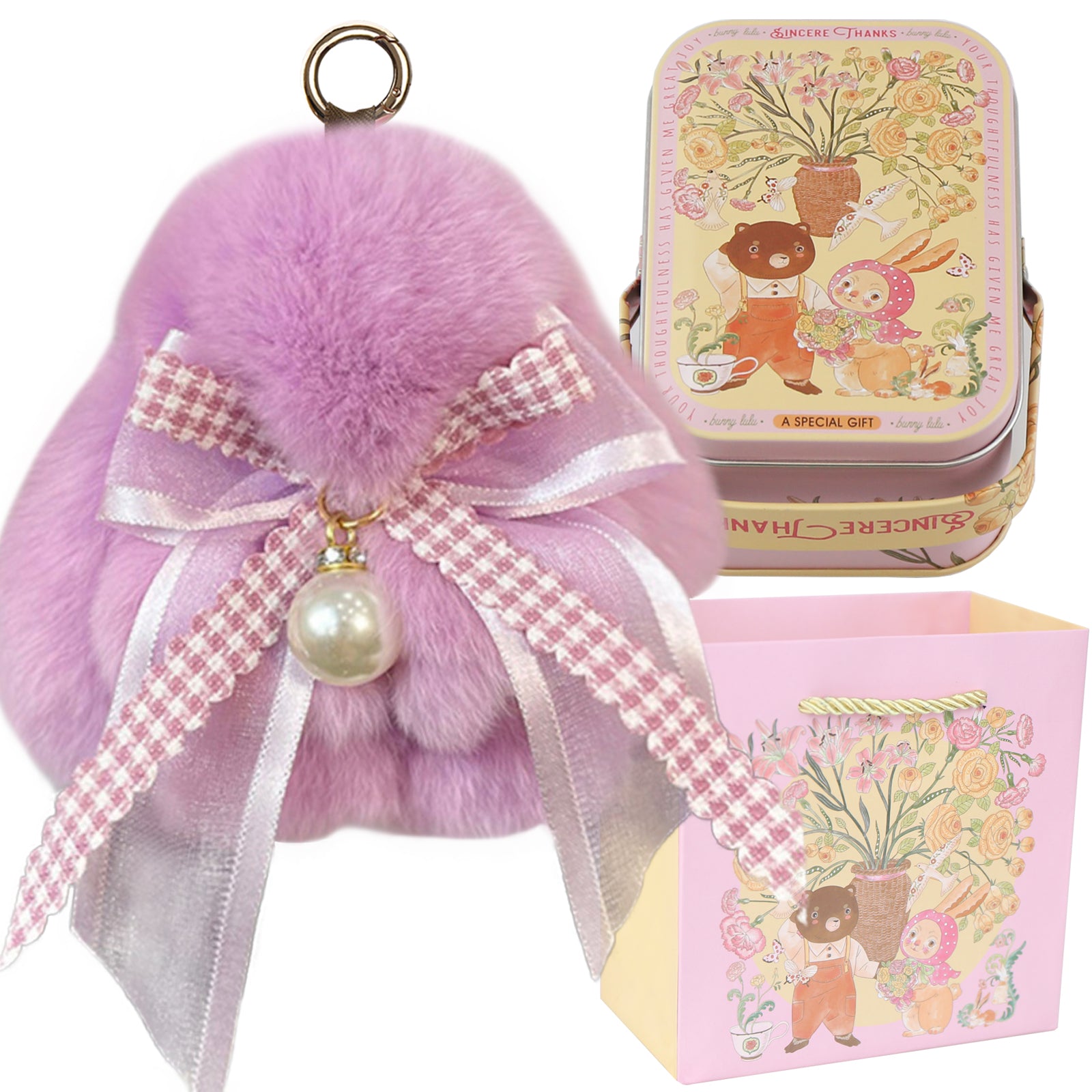 Bunny Lulu Keychain with Tin & Bag Soft Plush Bunny Keychian with Pearl Bow Key Accessory Ideal Choice for Birthday Anniversary & Holiday