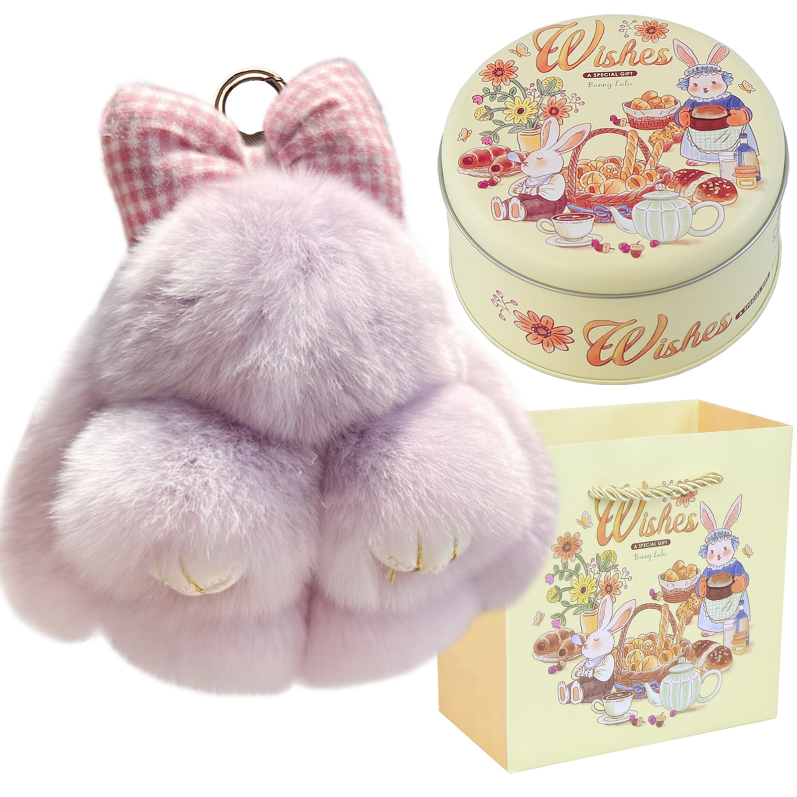 Bunny Lulu Keychain with Tin & Bag Rabbit Fur Bunny Lulu Keychain With Bow for Women Cute Soft Plush Accessory