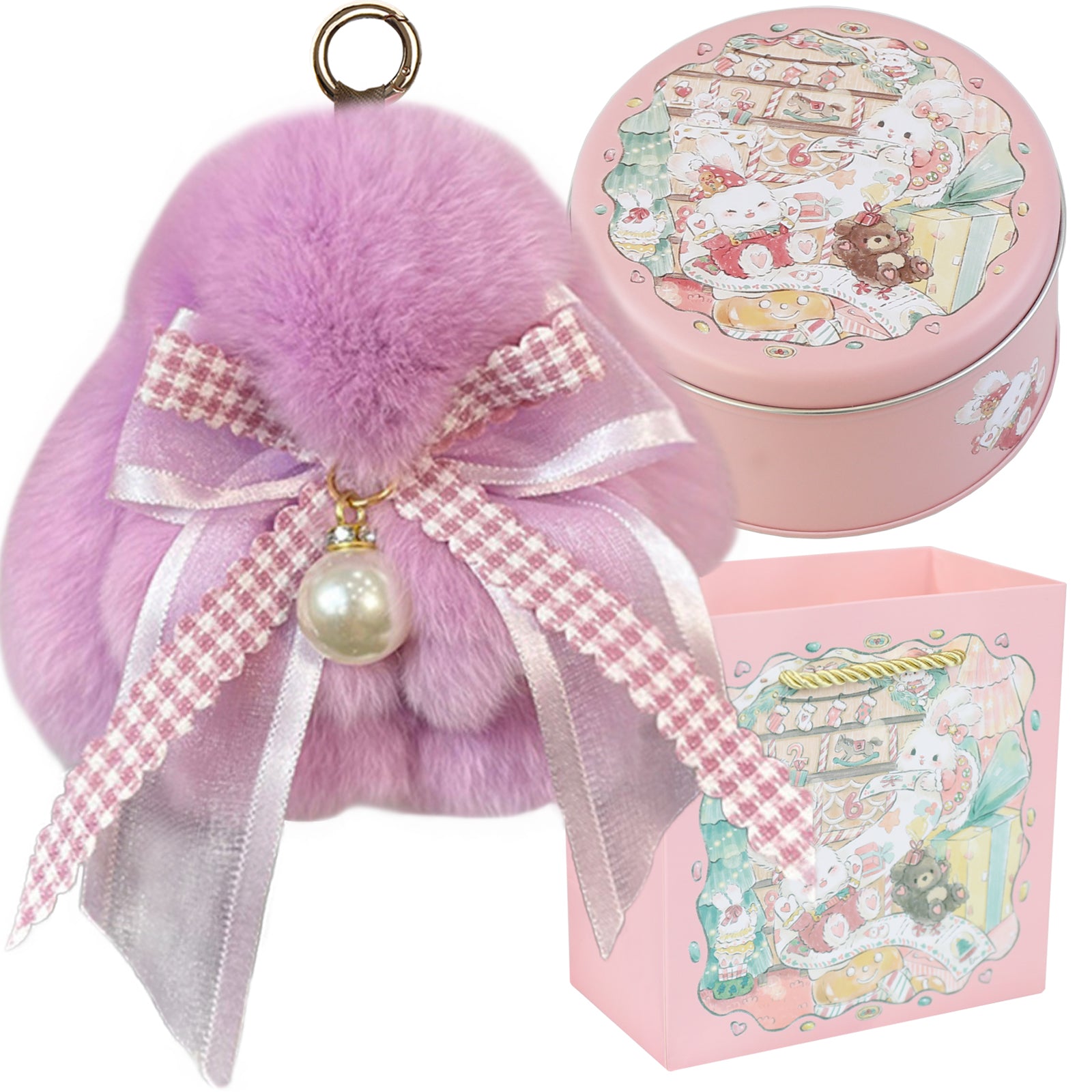 Bunny Lulu Keychain with Tin & Bag Soft Plush Bunny Keychian with Pearl Bow Key Accessory Ideal Choice for Birthday Anniversary & Holiday