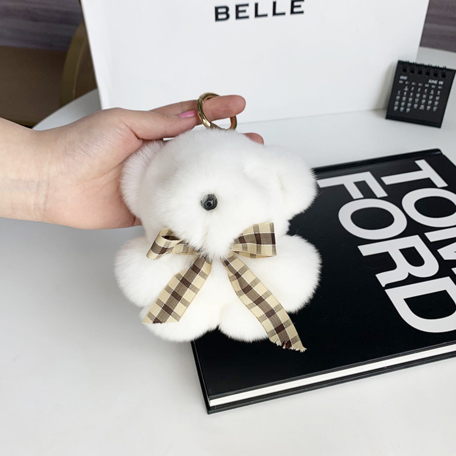 Bear Keychain with Bow Plush Fluffy Rabbit Fur Keychain Soft Adorable Accessory for Bags Keys Backpack Bear Lovers