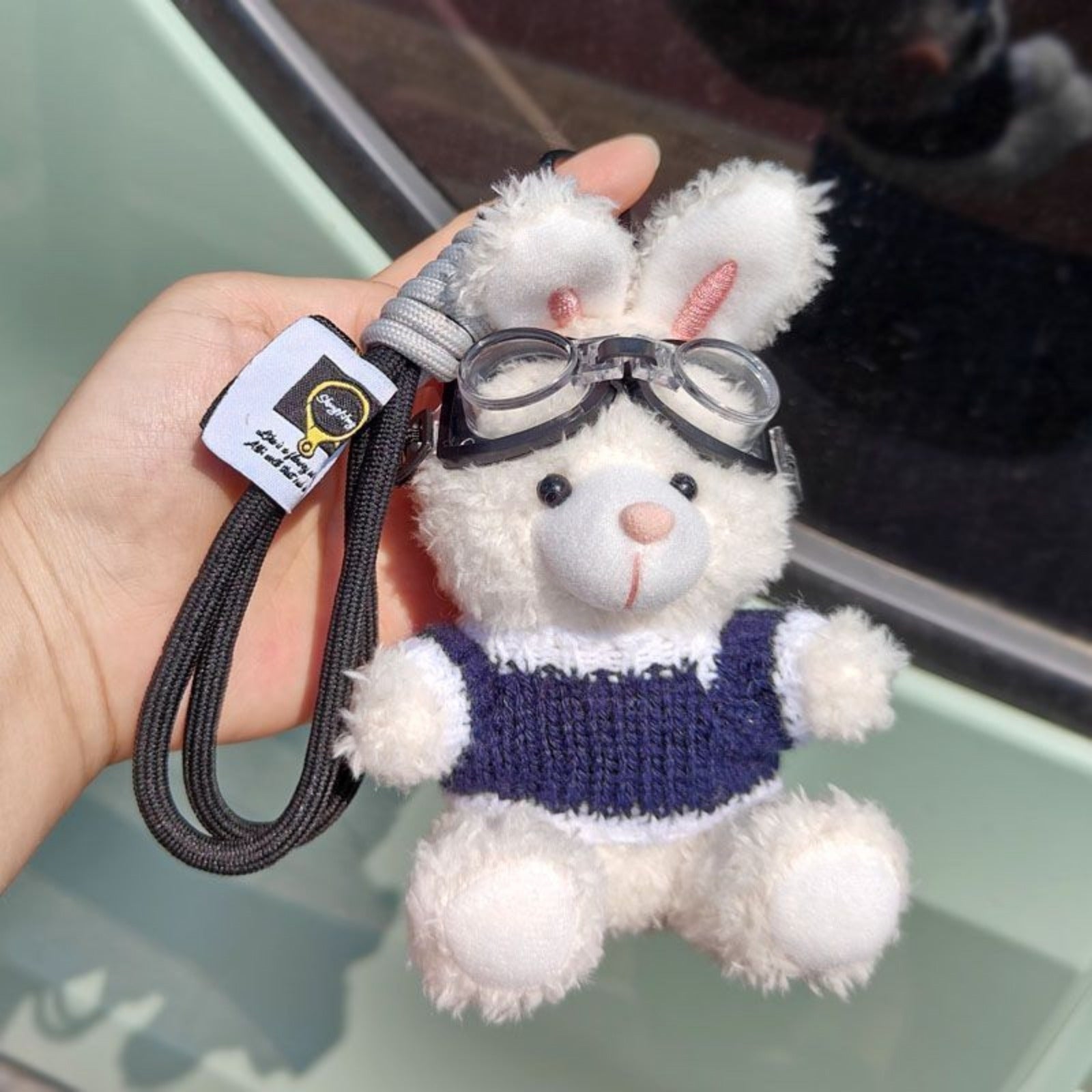 Bunny Lulu Keychain in Aviator Style with Cozy Sweater, Reflective Goggles, and Matching Hanging Lanyard – Perfect Everyday Accessory