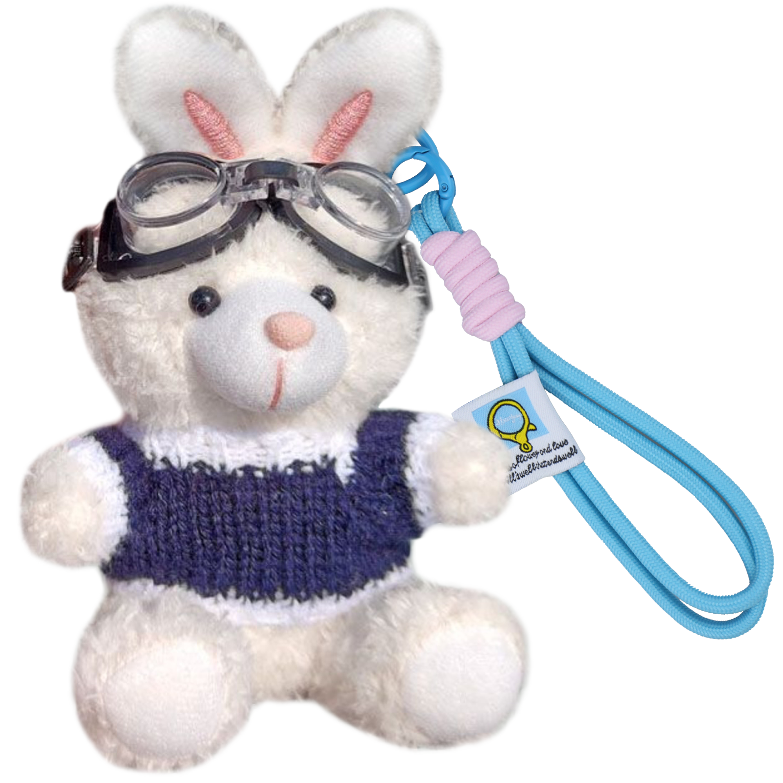 Bunny Lulu Keychain in Aviator Style with Cozy Sweater, Reflective Goggles, and Matching Hanging Lanyard – Perfect Everyday Accessory