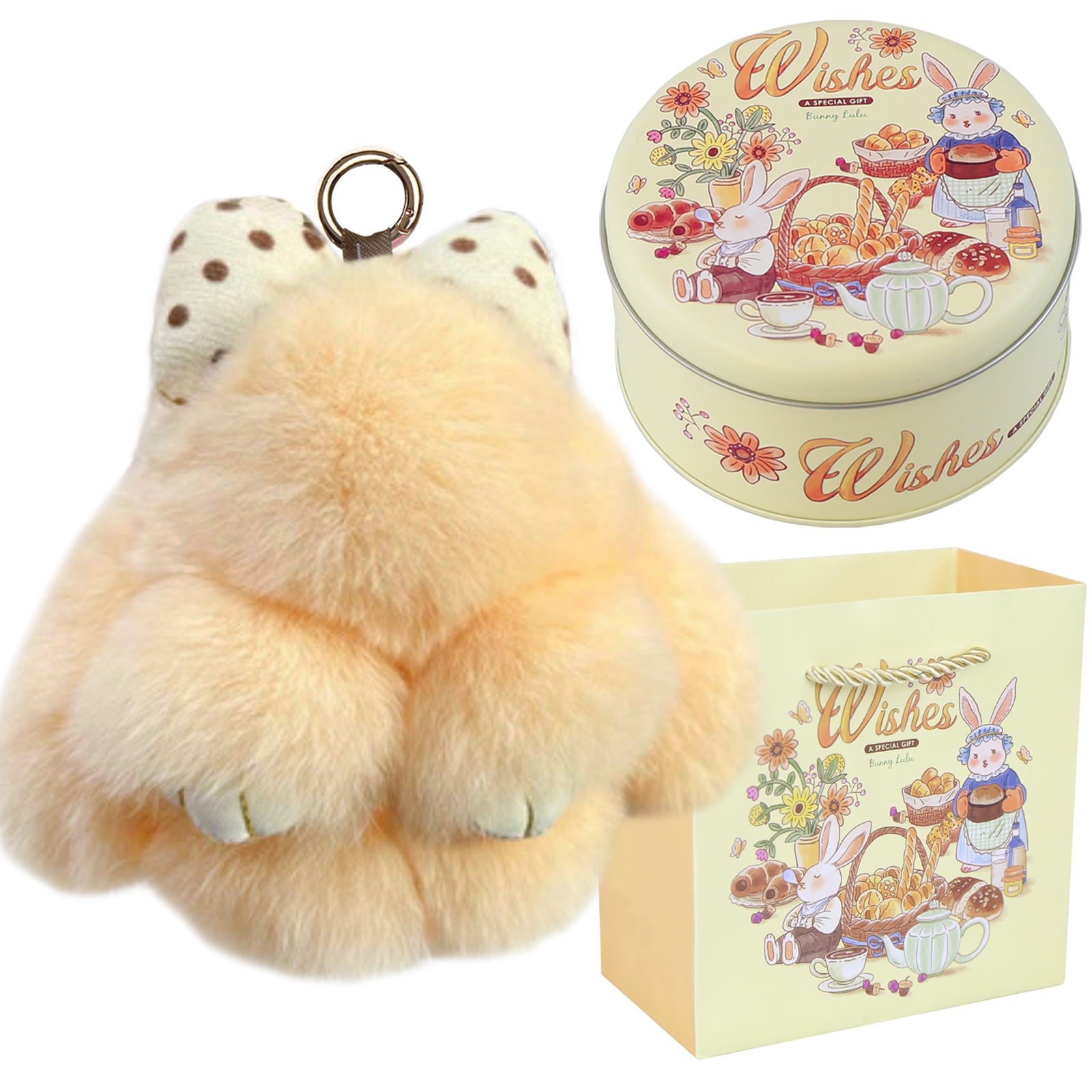 Bunny Lulu Keychain with Tin & Bag Rabbit Fur Bunny Lulu Keychain With Bow for Women Cute Soft Plush Accessory