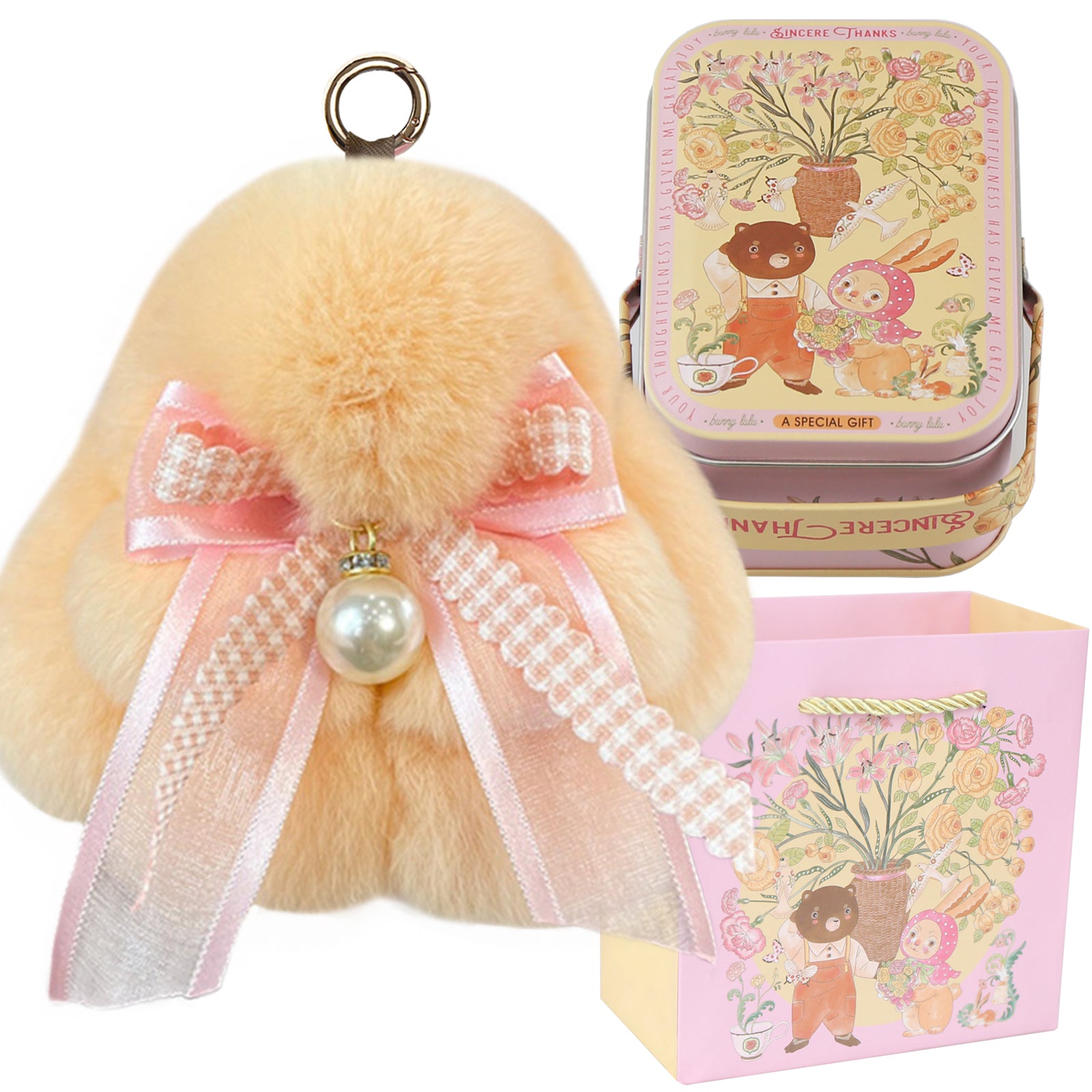 Bunny Lulu Keychain with Tin & Bag Soft Plush Bunny Keychian with Pearl Bow Key Accessory Ideal Choice for Birthday Anniversary & Holiday