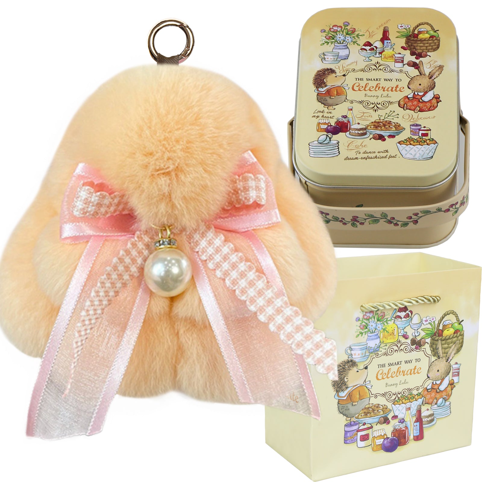 Bunny Lulu Keychain with Tin & Bag Soft Plush Bunny Keychian with Pearl Bow Key Accessory Ideal Choice for Birthday Anniversary & Holiday