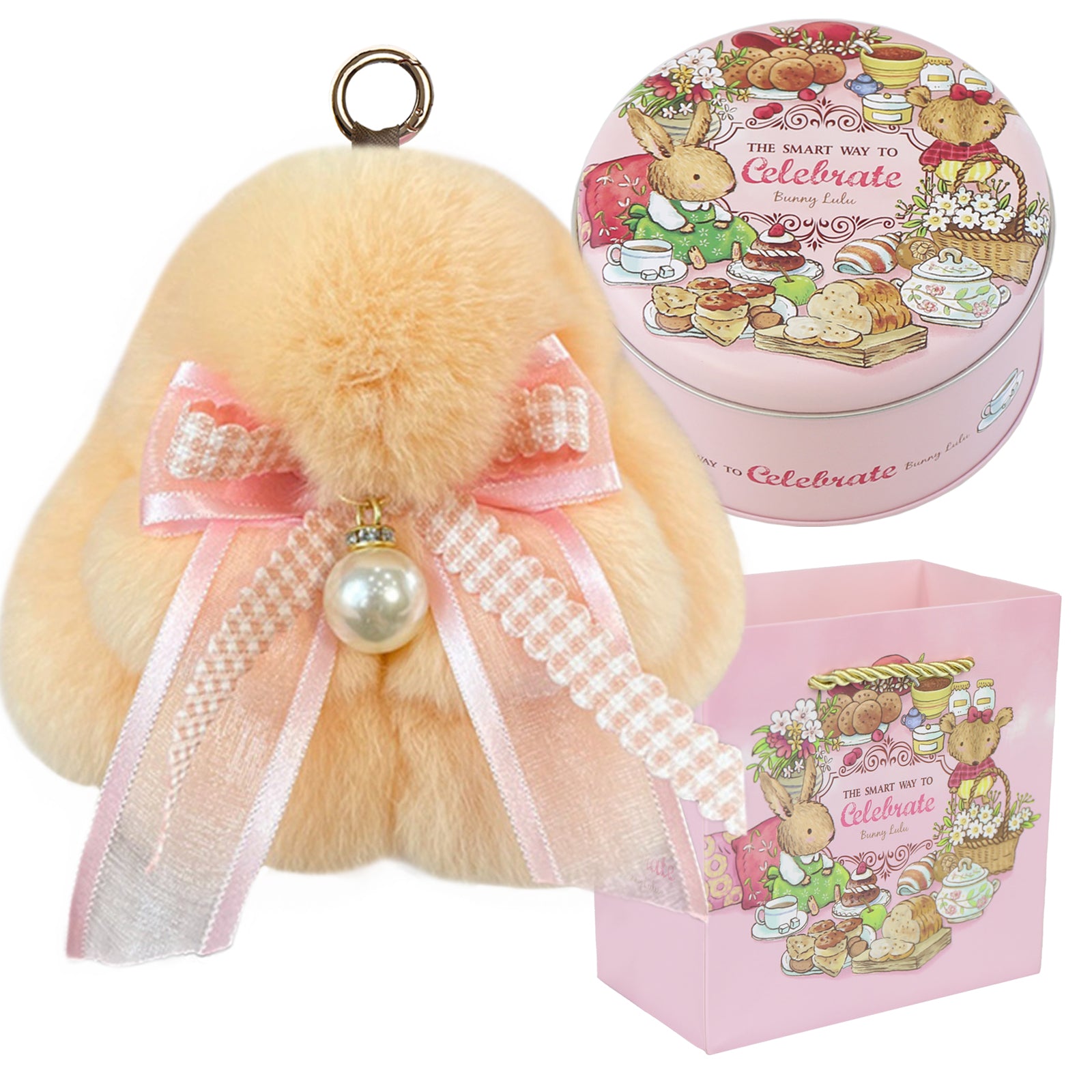 Bunny Lulu Keychain with Tin & Bag Soft Plush Bunny Keychian with Pearl Bow Key Accessory Ideal Choice for Birthday Anniversary & Holiday