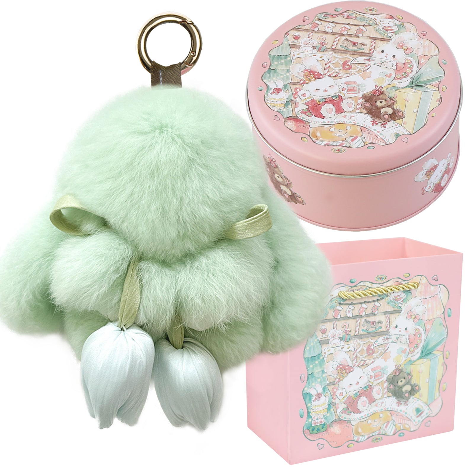 Bunny Lulu Keychain with Tin & Bag Soft Cute Plush Fluffy Tulip Bunnylulu Keychain with Optional Tin and Bag
