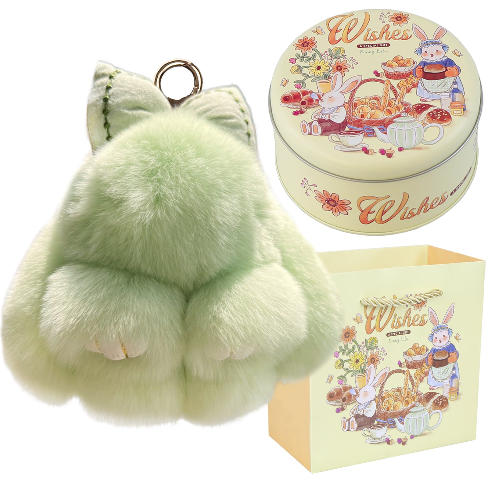 Bunny Lulu Keychain with Tin & Bag Rabbit Fur Bunny Lulu Keychain With Bow for Women Cute Soft Plush Accessory