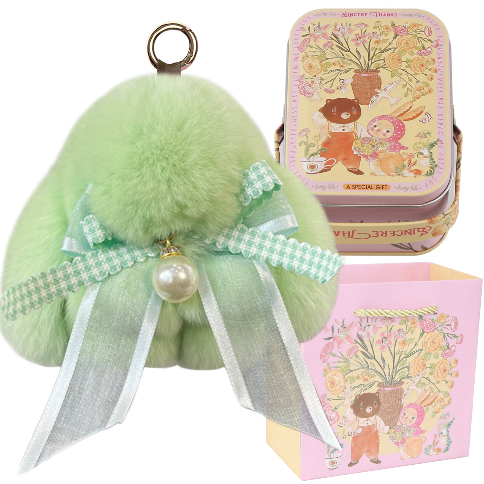 Bunny Lulu Keychain with Tin & Bag Soft Plush Bunny Keychian with Pearl Bow Key Accessory Ideal Choice for Birthday Anniversary & Holiday