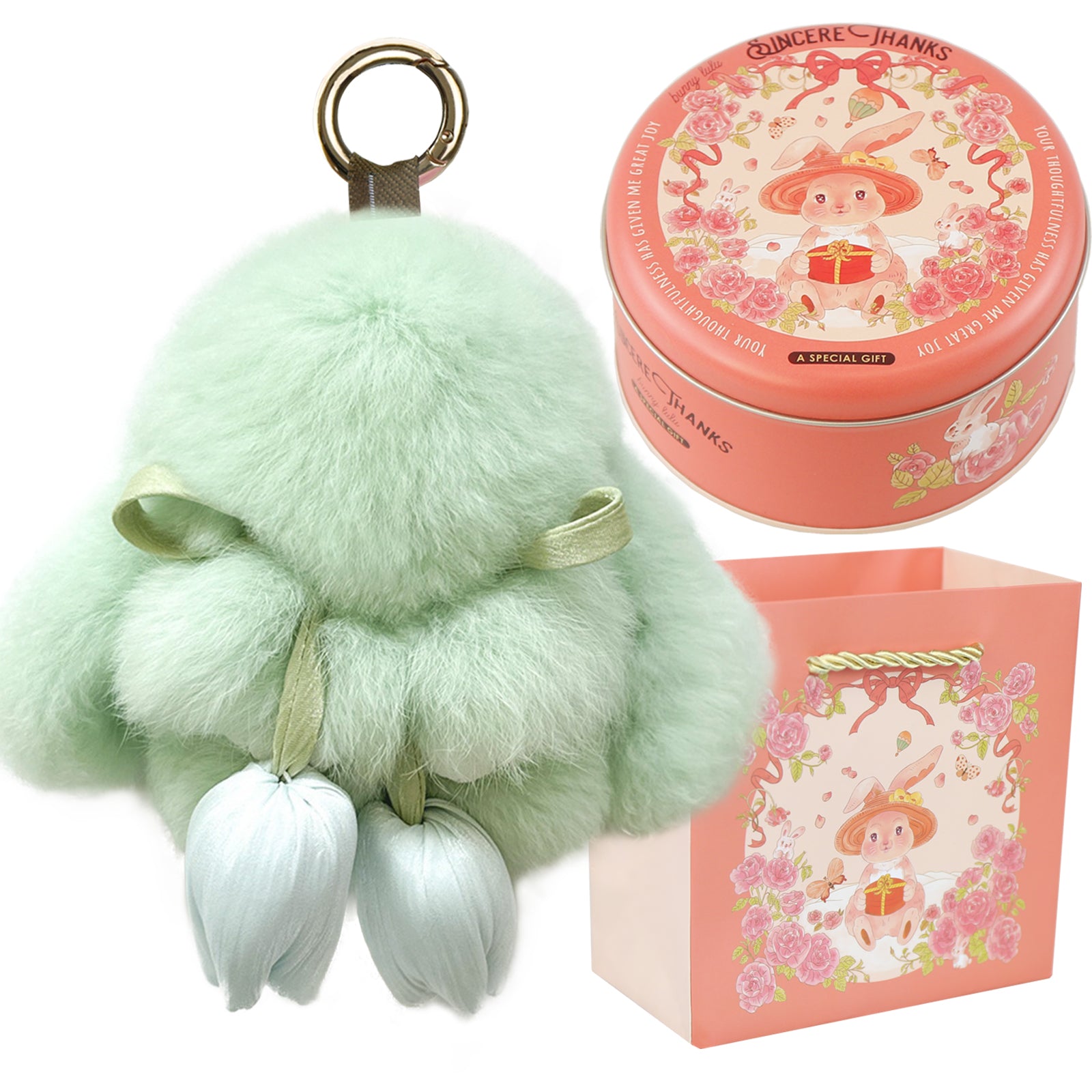 Bunny Lulu Keychain with Tin & Bag Soft Cute Plush Fluffy Tulip Bunnylulu Keychain with Optional Tin and Bag