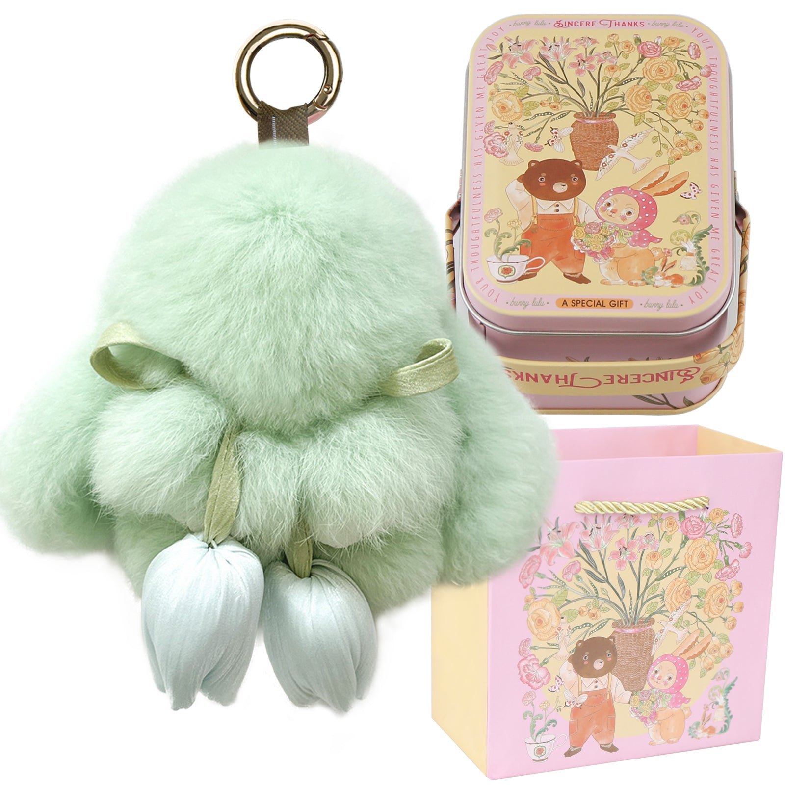 Bunny Lulu Keychain with Tin & Bag Soft Cute Plush Fluffy Tulip Bunnylulu Keychain with Optional Tin and Bag