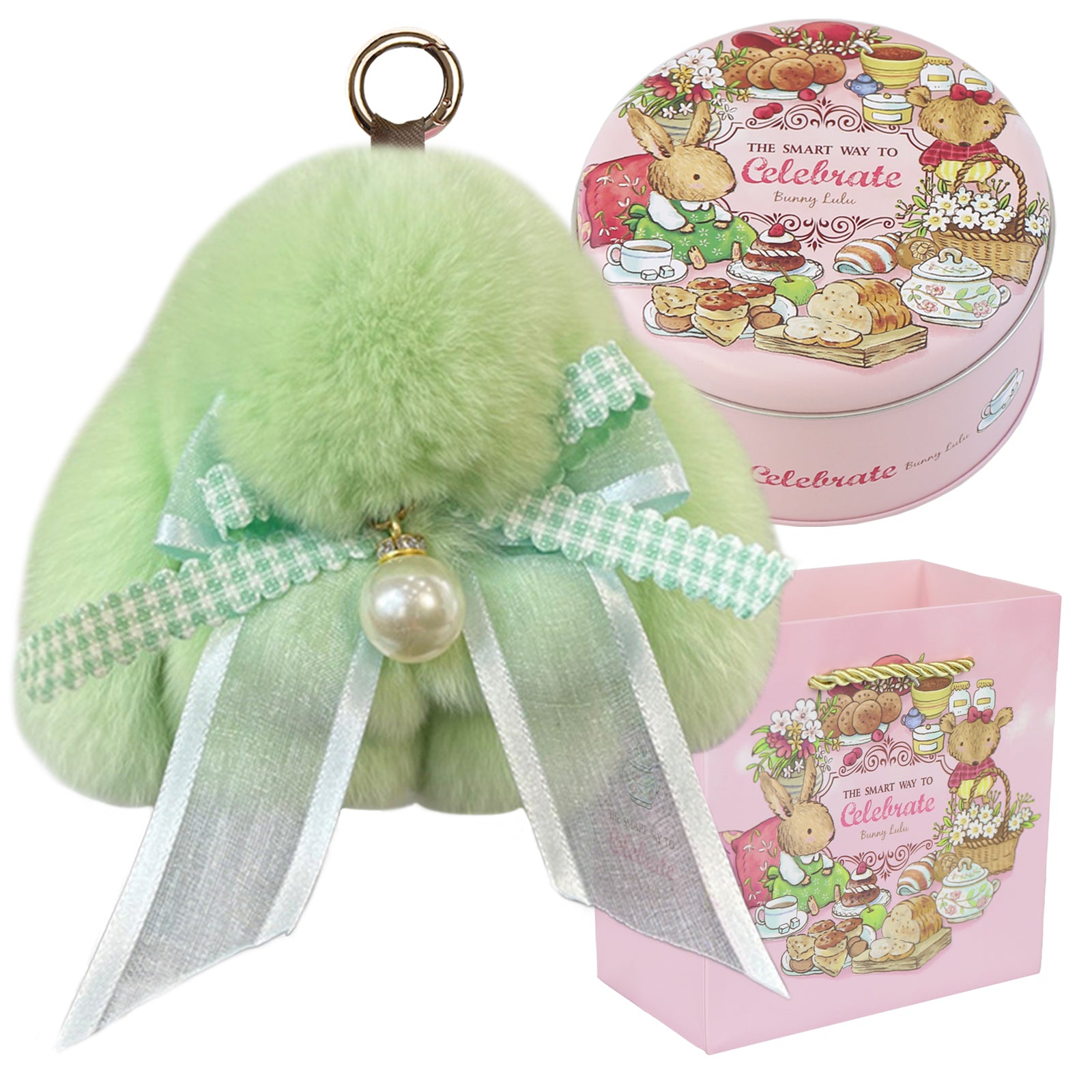 Bunny Lulu Keychain with Tin & Bag Soft Plush Bunny Keychian with Pearl Bow Key Accessory Ideal Choice for Birthday Anniversary & Holiday