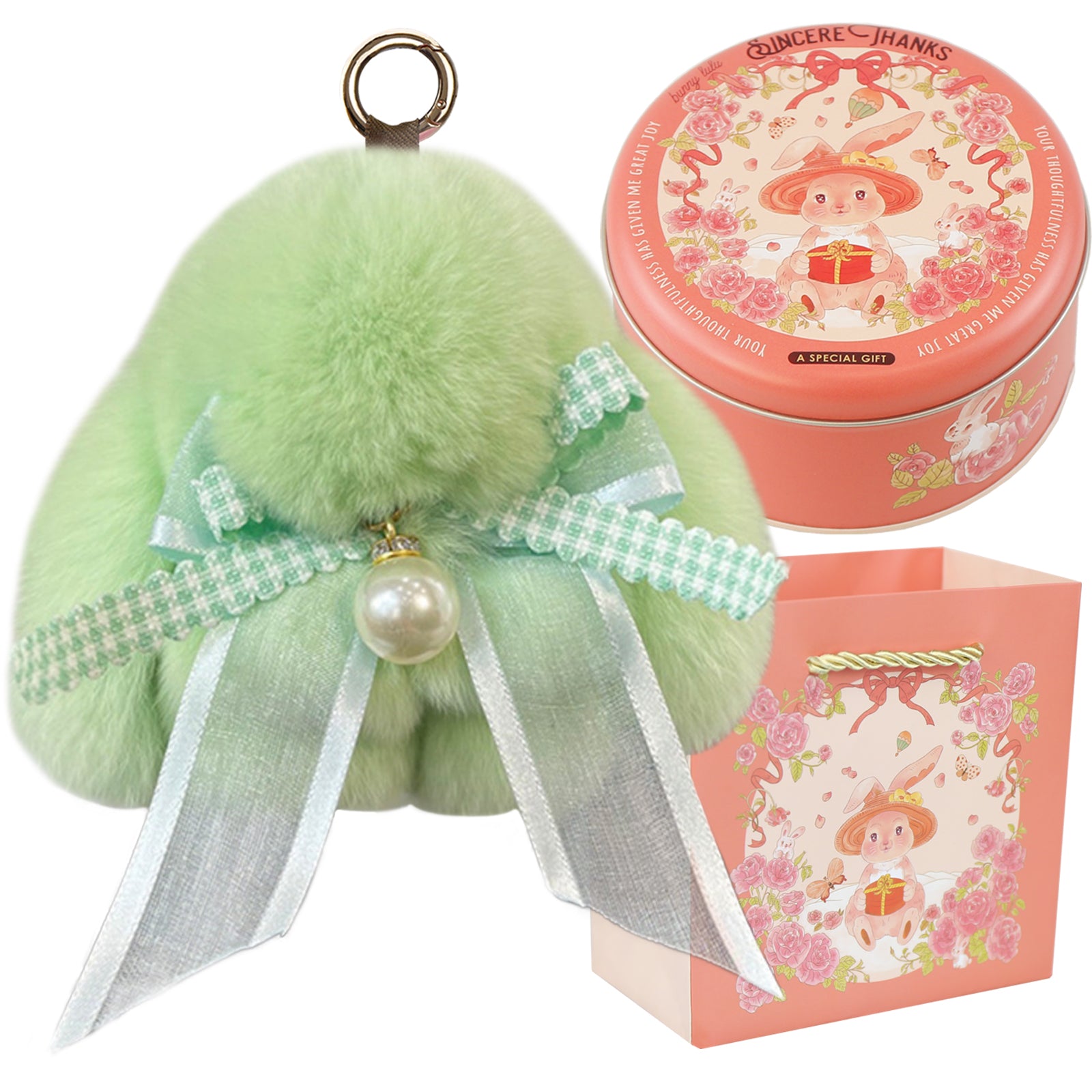 Bunny Lulu Keychain with Tin & Bag Soft Plush Bunny Keychian with Pearl Bow Key Accessory Ideal Choice for Birthday Anniversary & Holiday