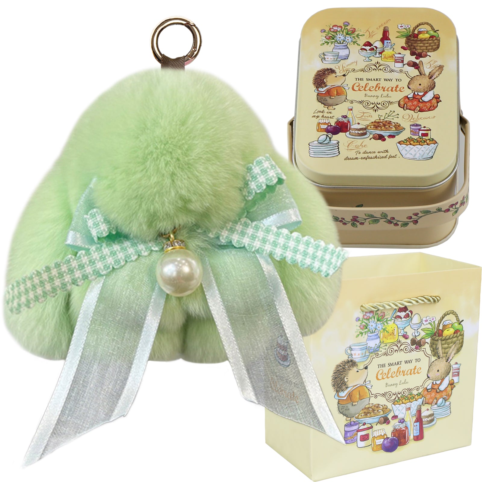 Bunny Lulu Keychain with Tin & Bag Soft Plush Bunny Keychian with Pearl Bow Key Accessory Ideal Choice for Birthday Anniversary & Holiday
