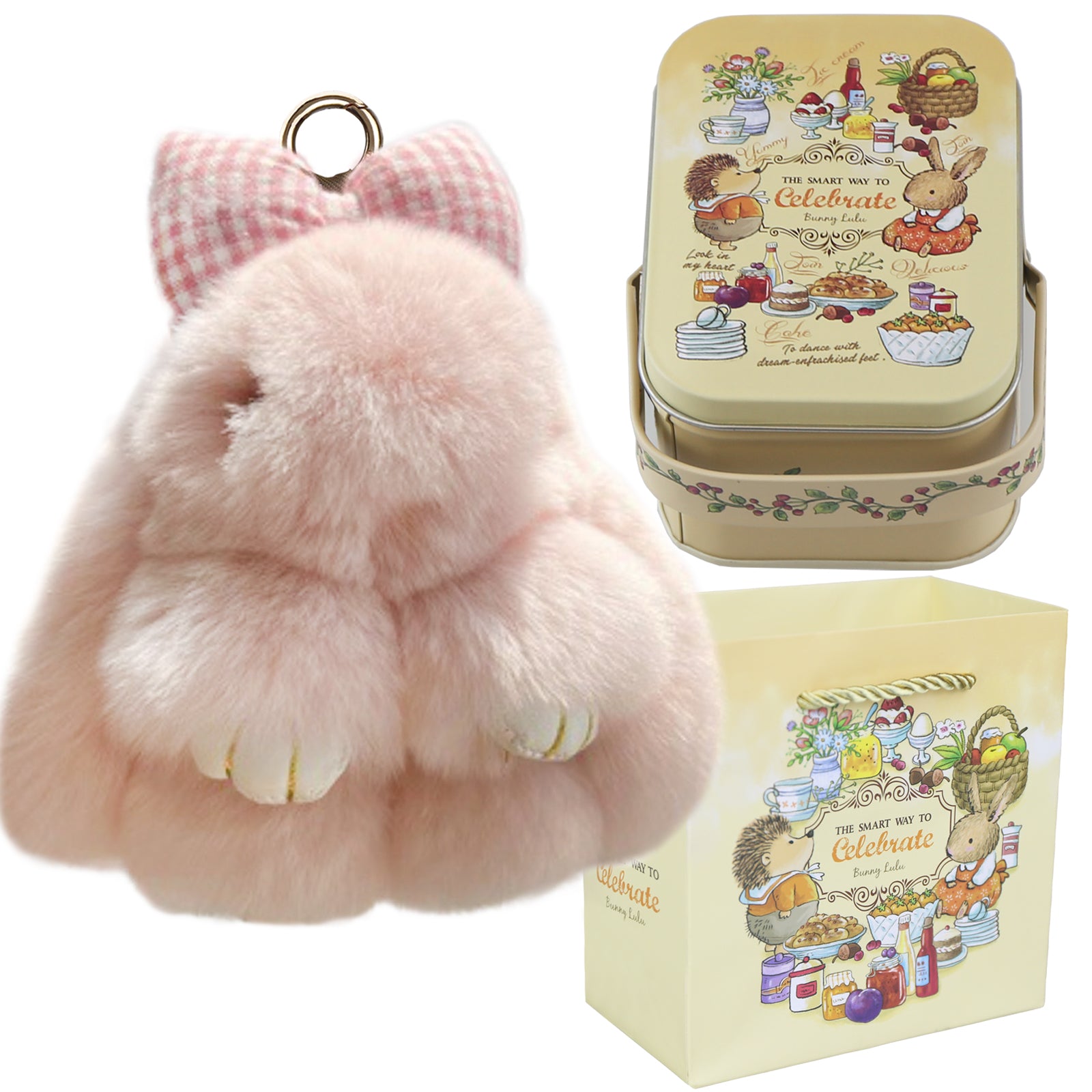 Bunny Lulu Keychain with Tin & Bag Rabbit Fur Bunny Lulu Keychain With Bow for Women Cute Soft Plush Accessory