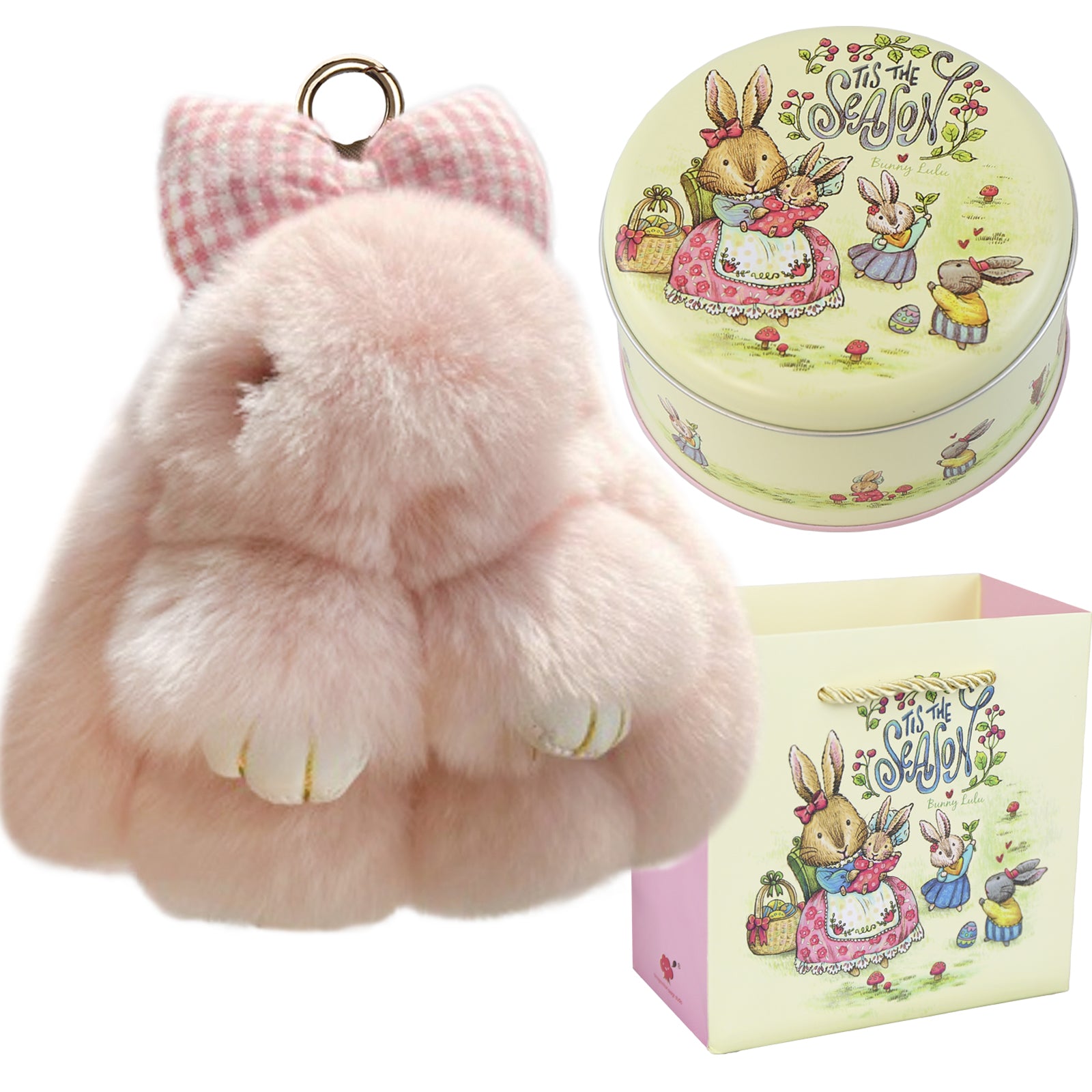 Bunny Lulu Keychain with Tin & Bag Rabbit Fur Bunny Lulu Keychain With Bow for Women Cute Soft Plush Accessory