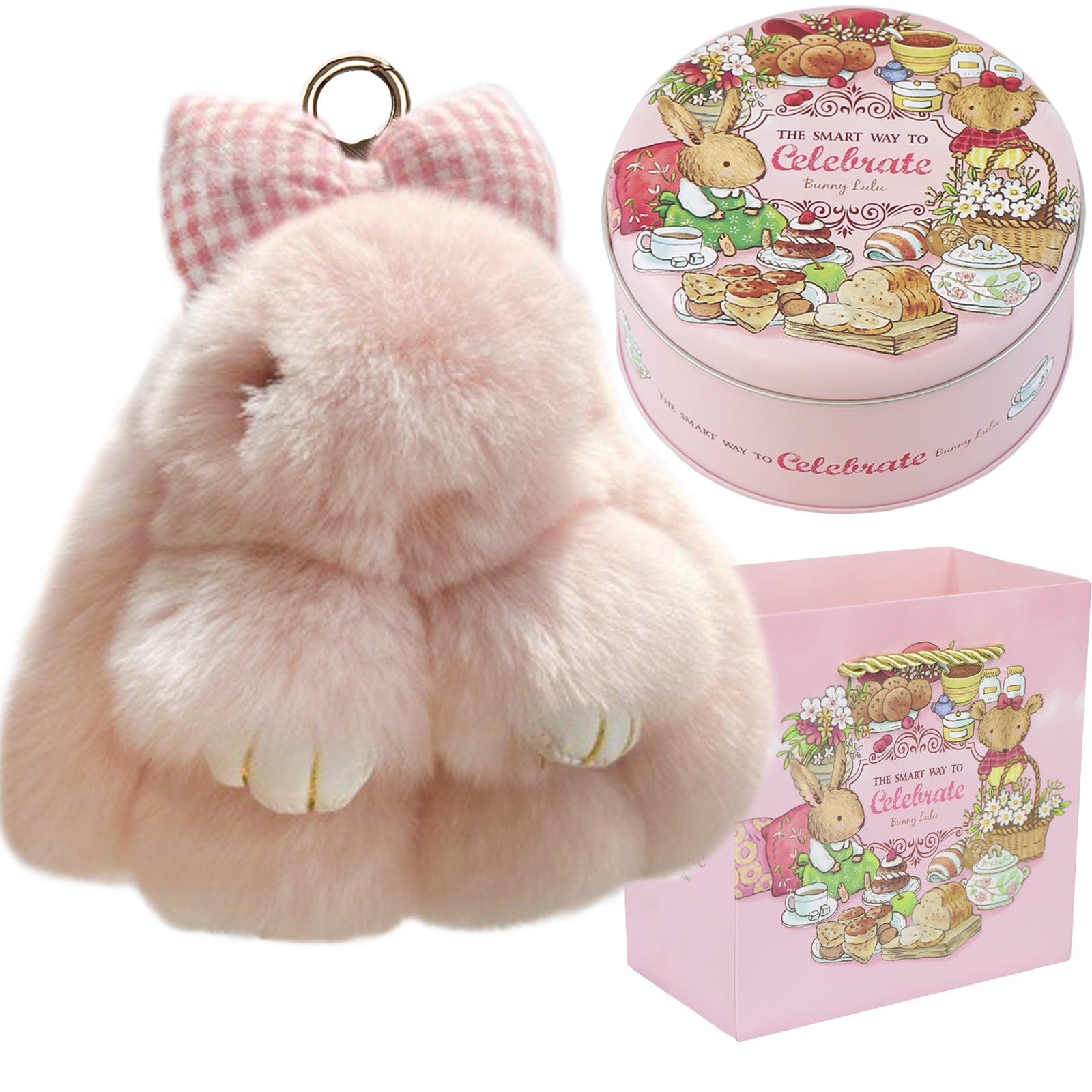 Bunny Lulu Keychain with Tin & Bag Rabbit Fur Bunny Lulu Keychain With Bow for Women Cute Soft Plush Accessory