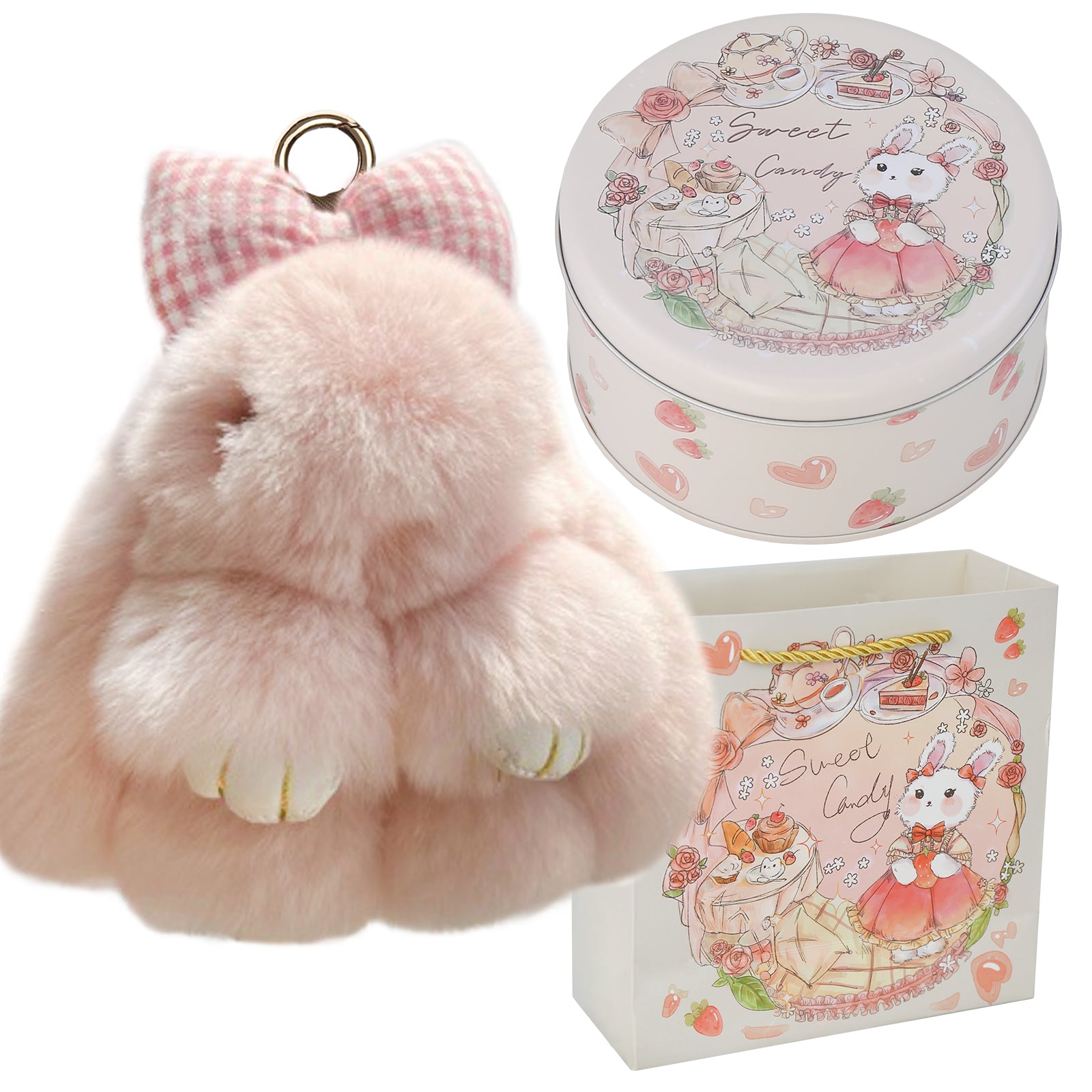 Bunny Lulu Keychain with Tin & Bag Rabbit Fur Bunny Lulu Keychain With Bow for Women Cute Soft Plush Accessory