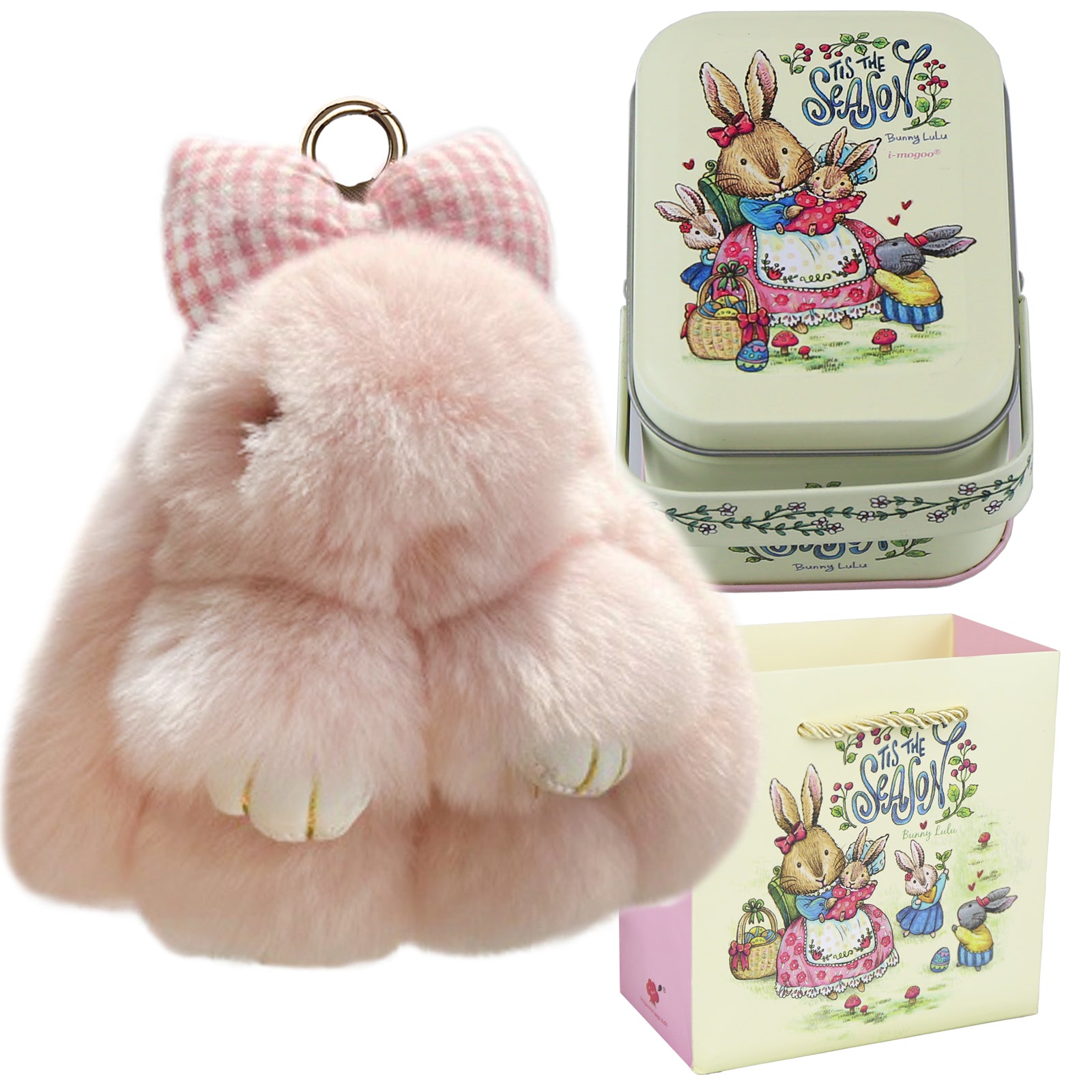 Bunny Lulu Keychain with Tin & Bag Rabbit Fur Bunny Lulu Keychain With Bow for Women Cute Soft Plush Accessory