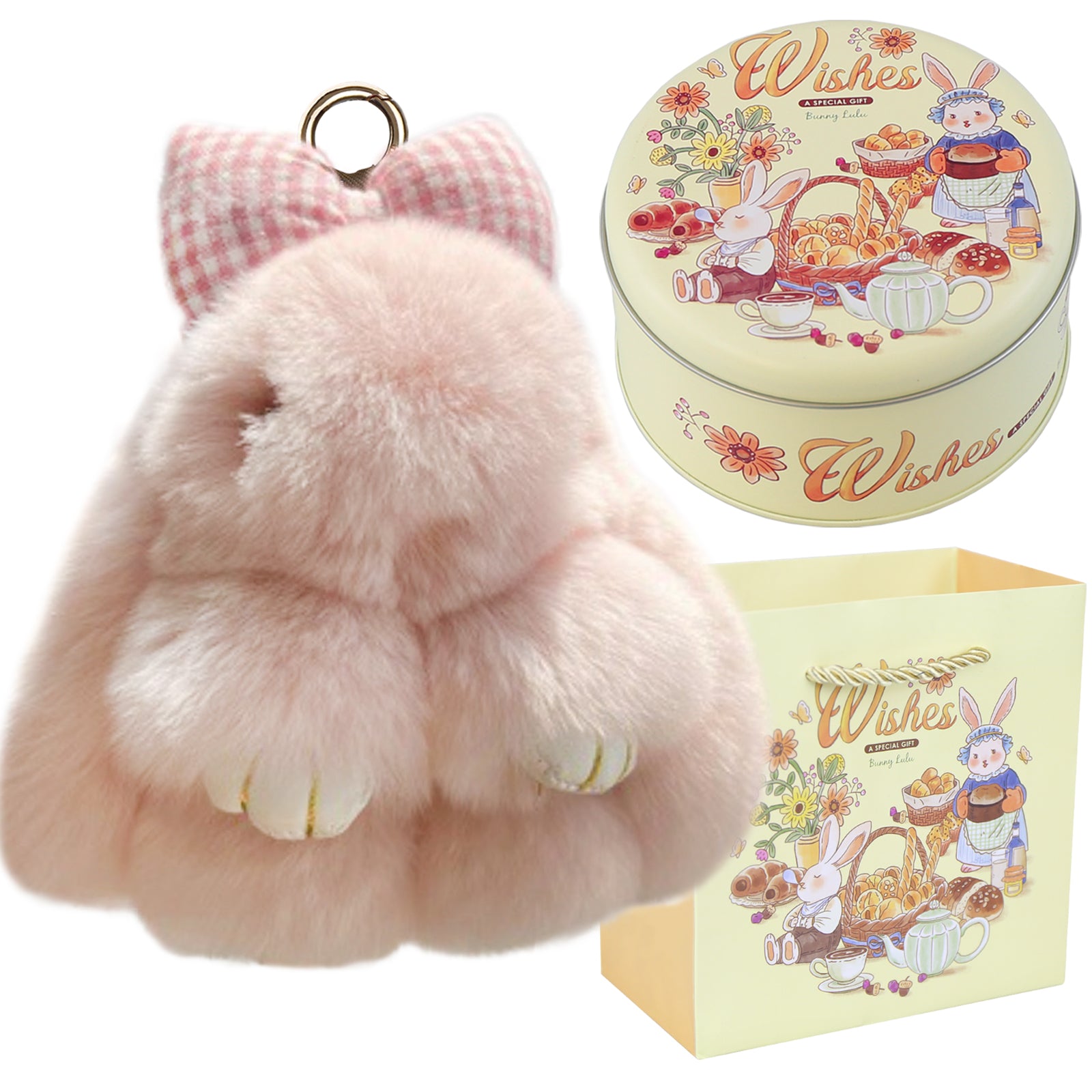 Bunny Lulu Keychain with Tin & Bag Rabbit Fur Bunny Lulu Keychain With Bow for Women Cute Soft Plush Accessory