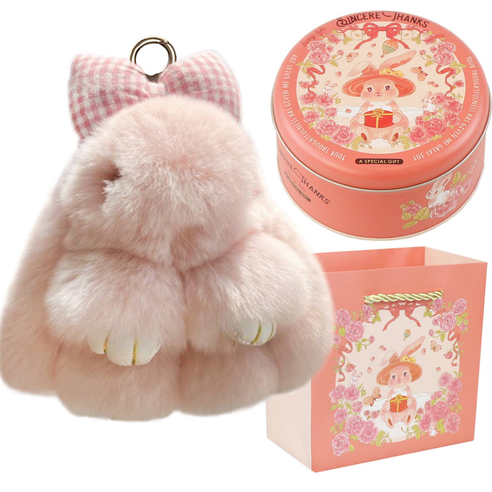 Bunny Lulu Keychain with Tin & Bag Rabbit Fur Bunny Lulu Keychain With Bow for Women Cute Soft Plush Accessory