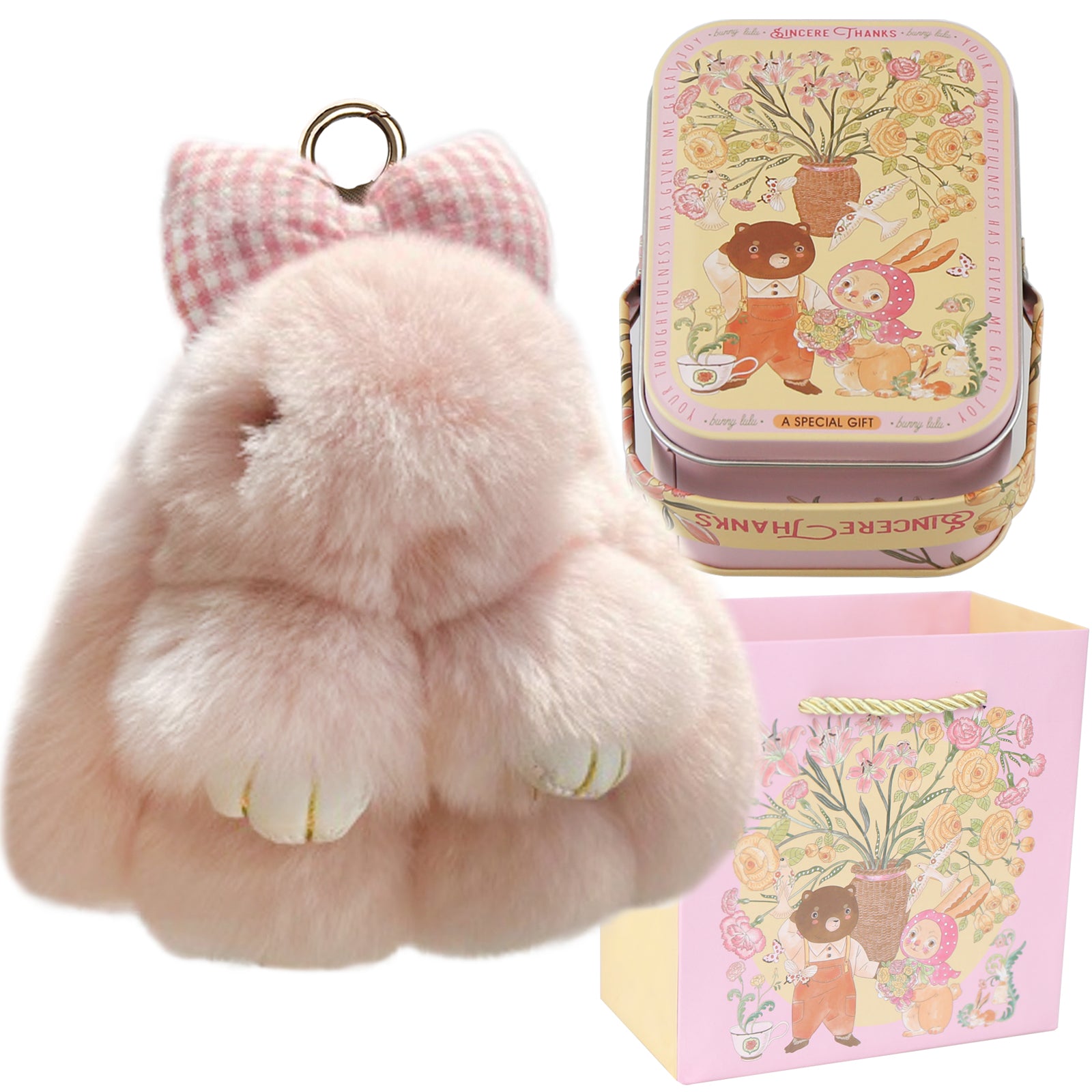 Bunny Lulu Keychain with Tin & Bag Rabbit Fur Bunny Lulu Keychain With Bow for Women Cute Soft Plush Accessory