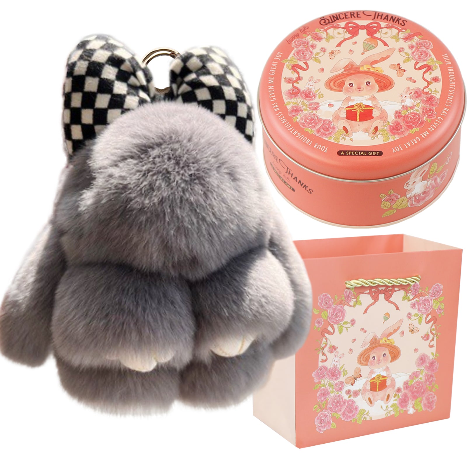 Bunny Lulu Keychain with Tin & Bag Rabbit Fur Bunny Lulu Keychain With Bow for Women Cute Soft Plush Accessory