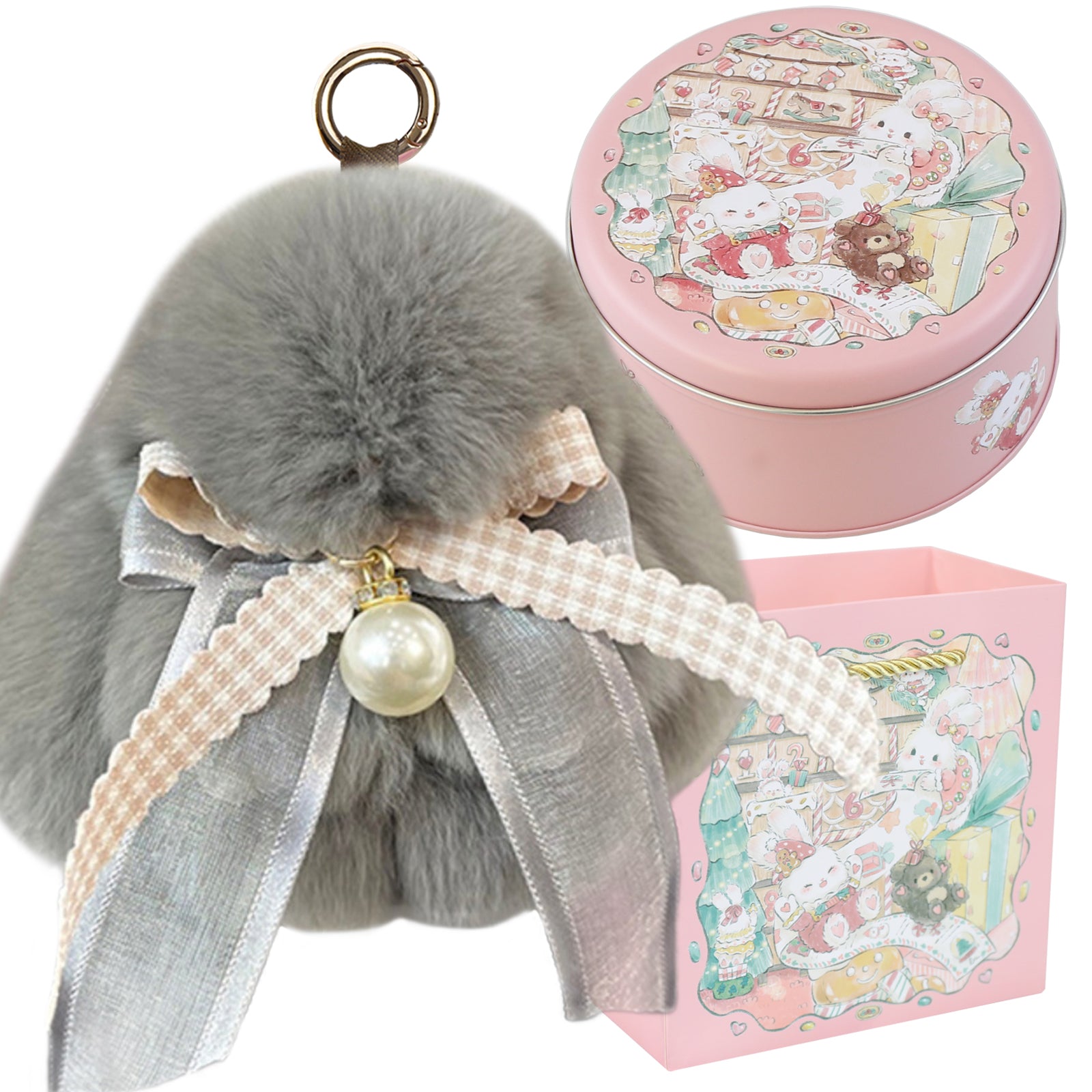 Bunny Lulu Keychain with Tin & Bag Soft Plush Bunny Keychian with Pearl Bow Key Accessory Ideal Choice for Birthday Anniversary & Holiday