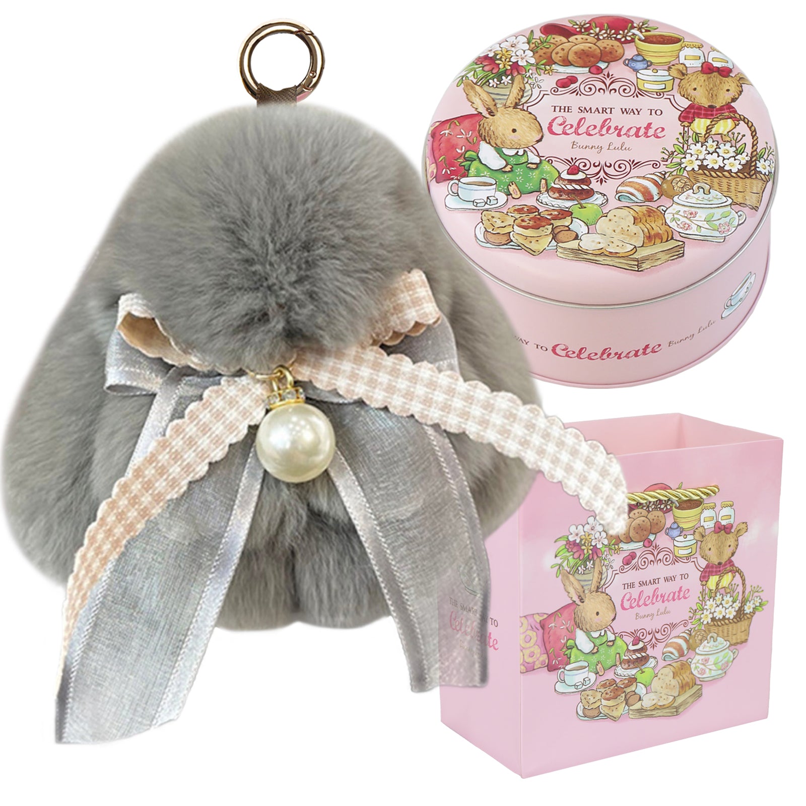 Bunny Lulu Keychain with Tin & Bag Soft Plush Bunny Keychian with Pearl Bow Key Accessory Ideal Choice for Birthday Anniversary & Holiday
