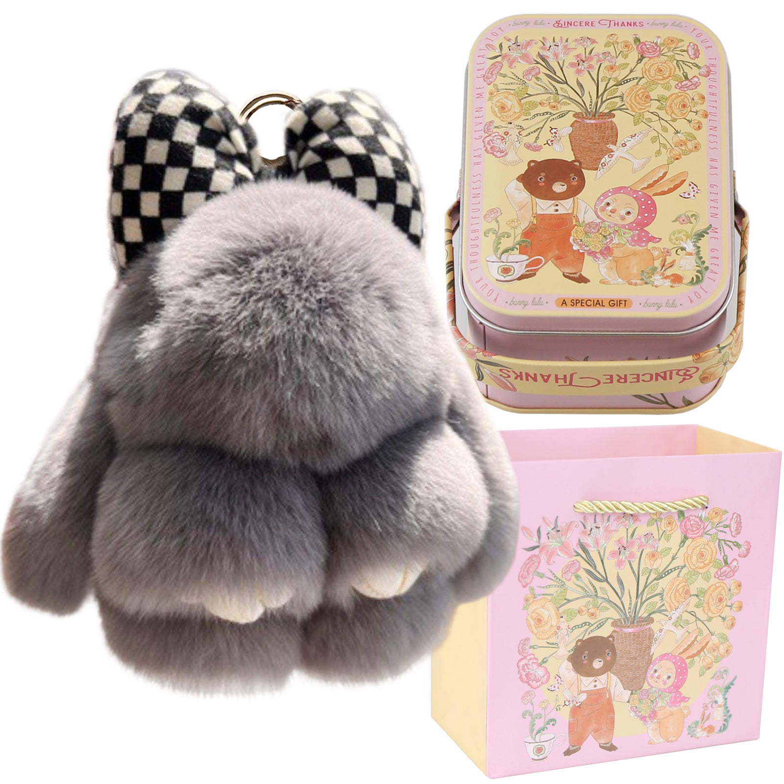 Bunny Lulu Keychain with Tin & Bag Rabbit Fur Bunny Lulu Keychain With Bow for Women Cute Soft Plush Accessory