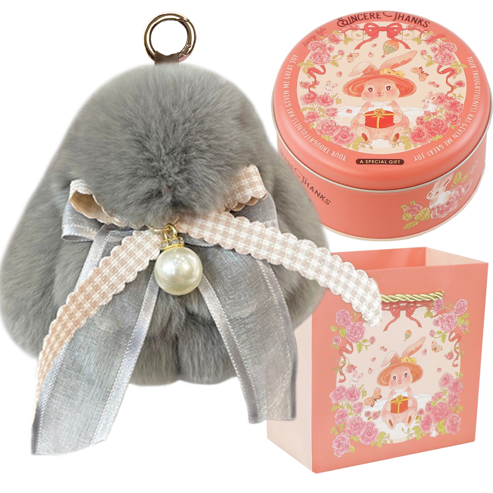 Bunny Lulu Keychain with Tin & Bag Soft Plush Bunny Keychian with Pearl Bow Key Accessory Ideal Choice for Birthday Anniversary & Holiday