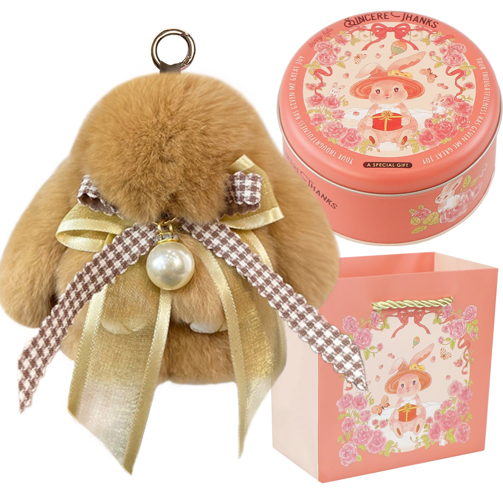 Bunny Lulu Keychain with Tin & Bag Soft Plush Bunny Keychian with Pearl Bow Key Accessory Ideal Choice for Birthday Anniversary & Holiday