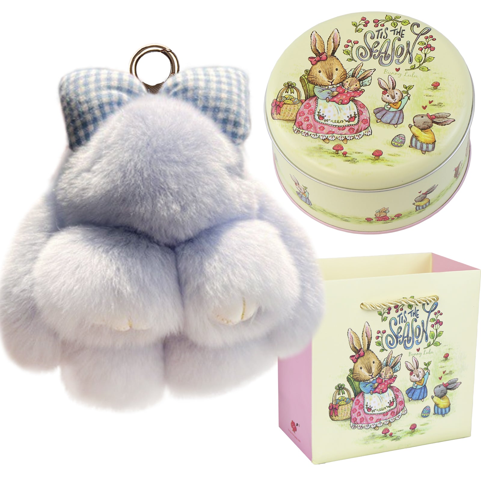 Bunny Lulu Keychain with Tin & Bag Rabbit Fur Bunny Lulu Keychain With Bow for Women Cute Soft Plush Accessory