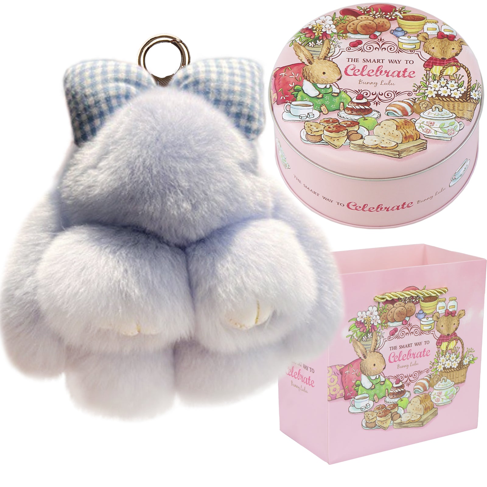 Bunny Lulu Keychain with Tin & Bag Rabbit Fur Bunny Lulu Keychain With Bow for Women Cute Soft Plush Accessory