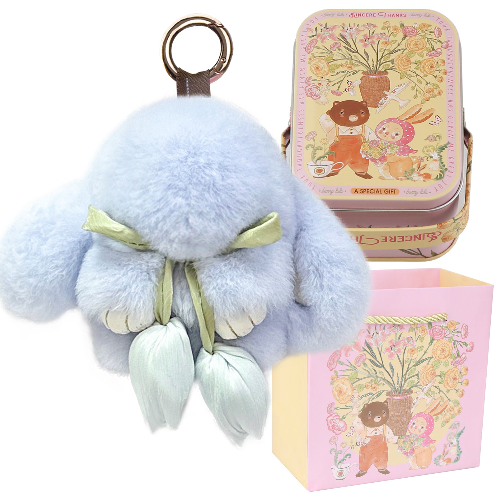 Bunny Lulu Keychain with Tin & Bag Soft Cute Plush Fluffy Tulip Bunnylulu Keychain with Optional Tin and Bag