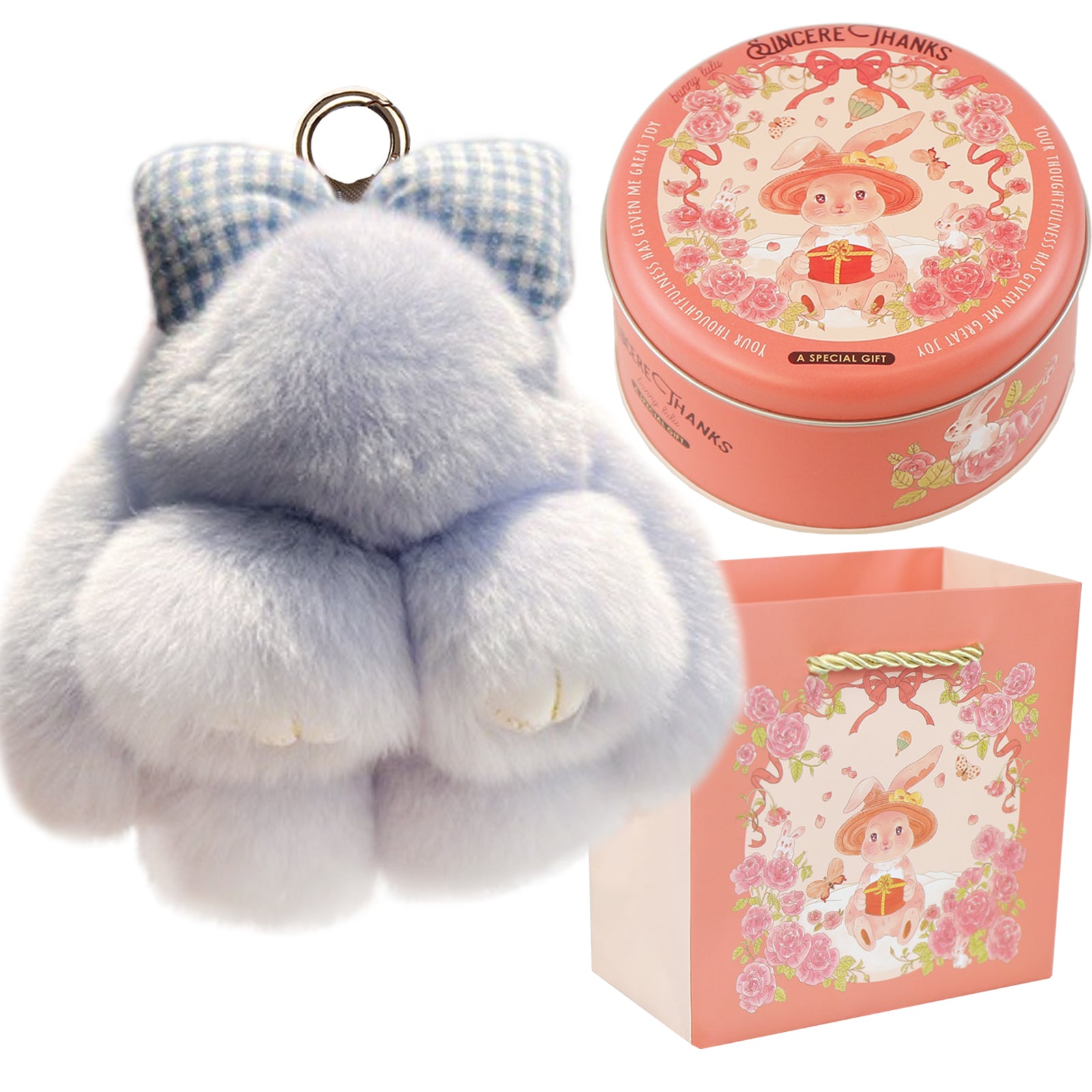 Bunny Lulu Keychain with Tin & Bag Rabbit Fur Bunny Lulu Keychain With Bow for Women Cute Soft Plush Accessory