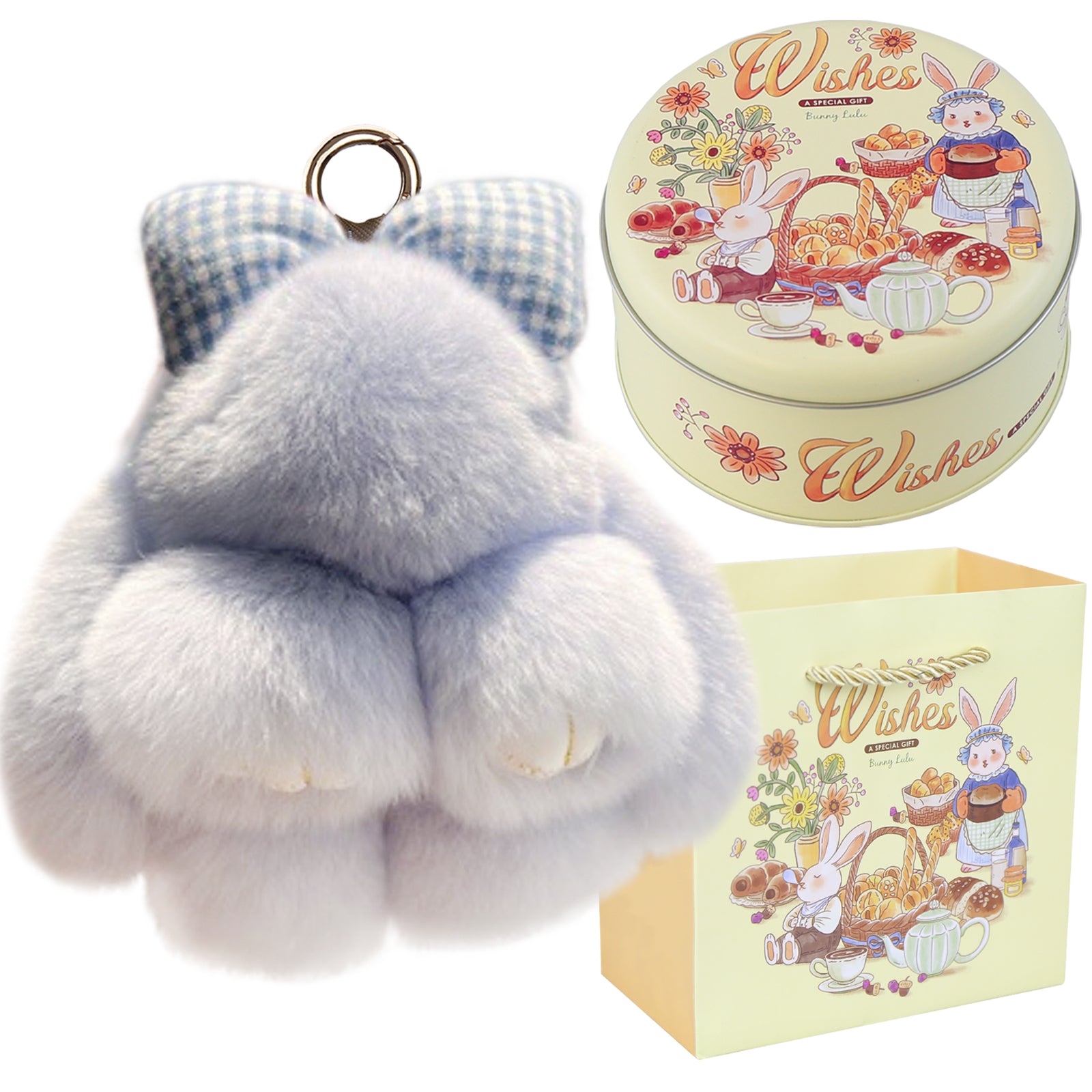 Bunny Lulu Keychain with Tin & Bag Rabbit Fur Bunny Lulu Keychain With Bow for Women Cute Soft Plush Accessory