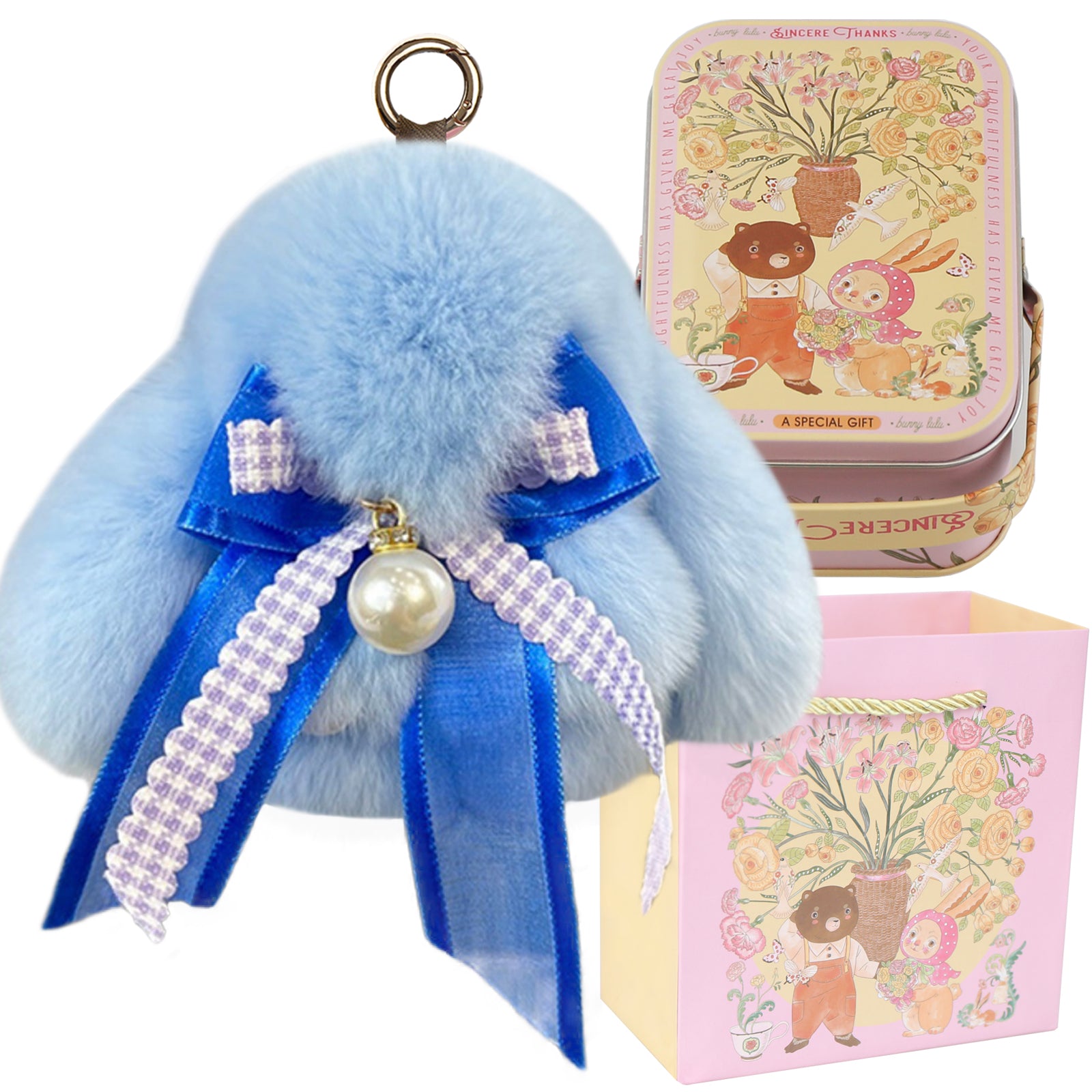 Bunny Lulu Keychain with Tin & Bag Soft Plush Bunny Keychian with Pearl Bow Key Accessory Ideal Choice for Birthday Anniversary & Holiday
