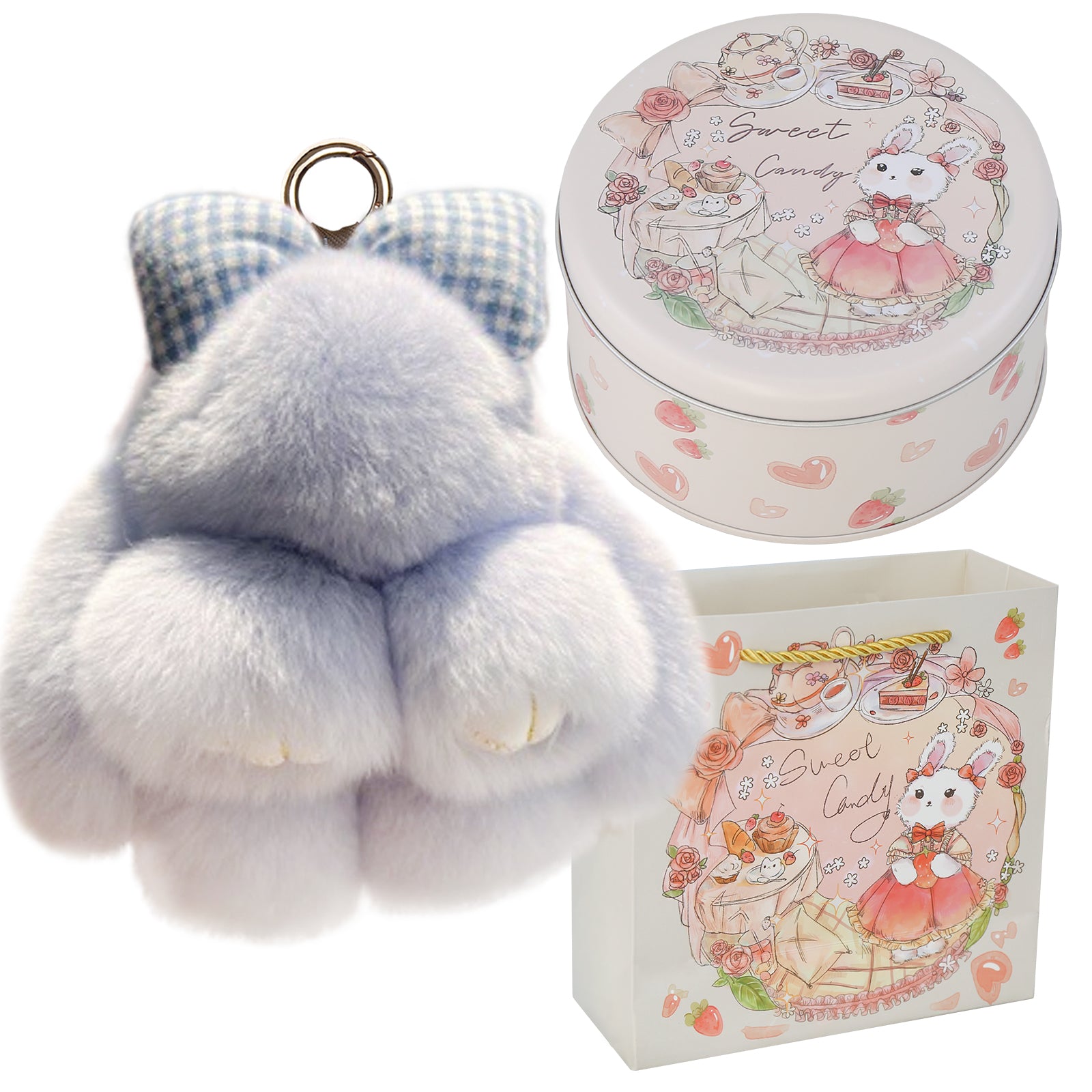 Bunny Lulu Keychain with Tin & Bag Rabbit Fur Bunny Lulu Keychain With Bow for Women Cute Soft Plush Accessory