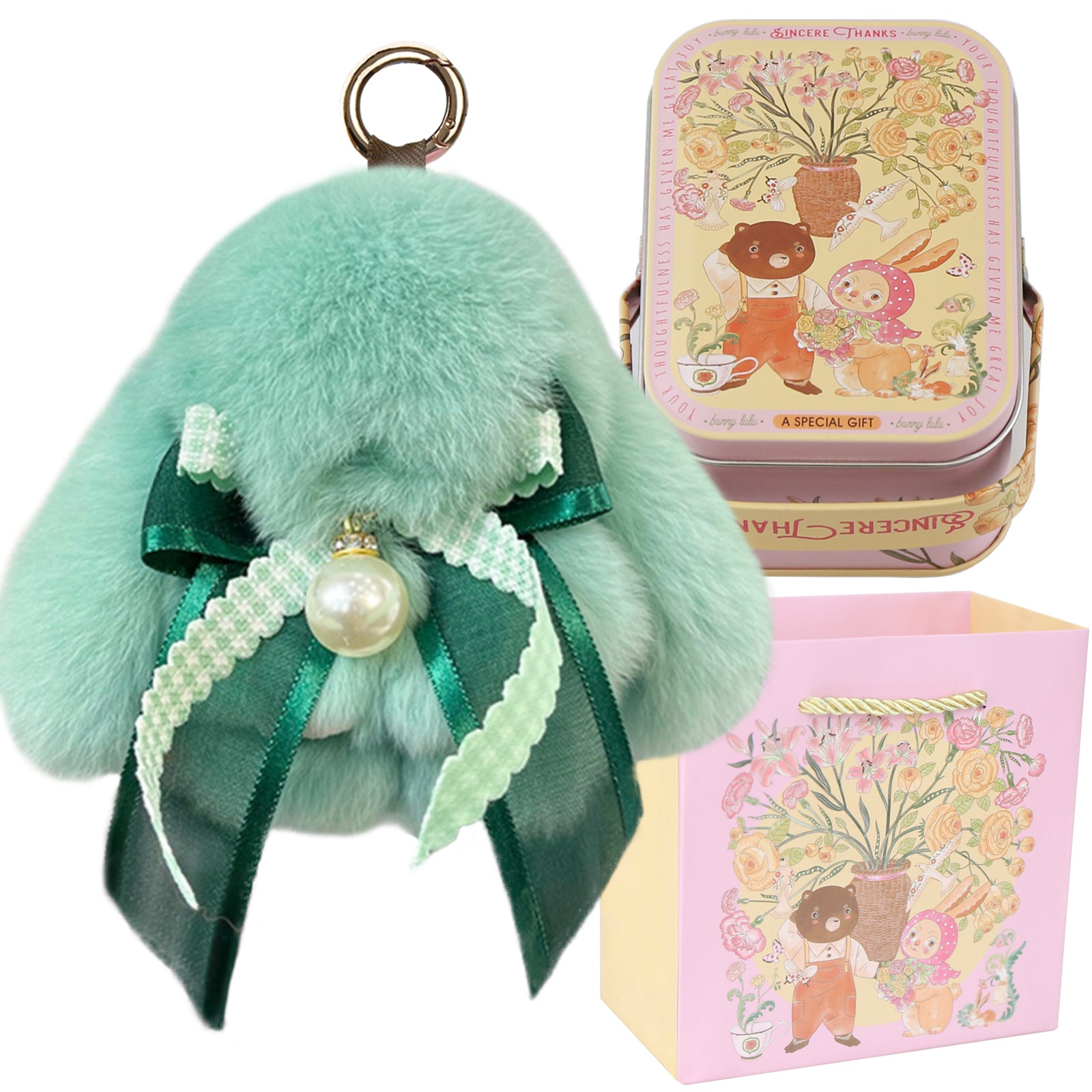 Bunny Lulu Keychain with Tin & Bag Soft Plush Bunny Keychian with Pearl Bow Key Accessory Ideal Choice for Birthday Anniversary & Holiday