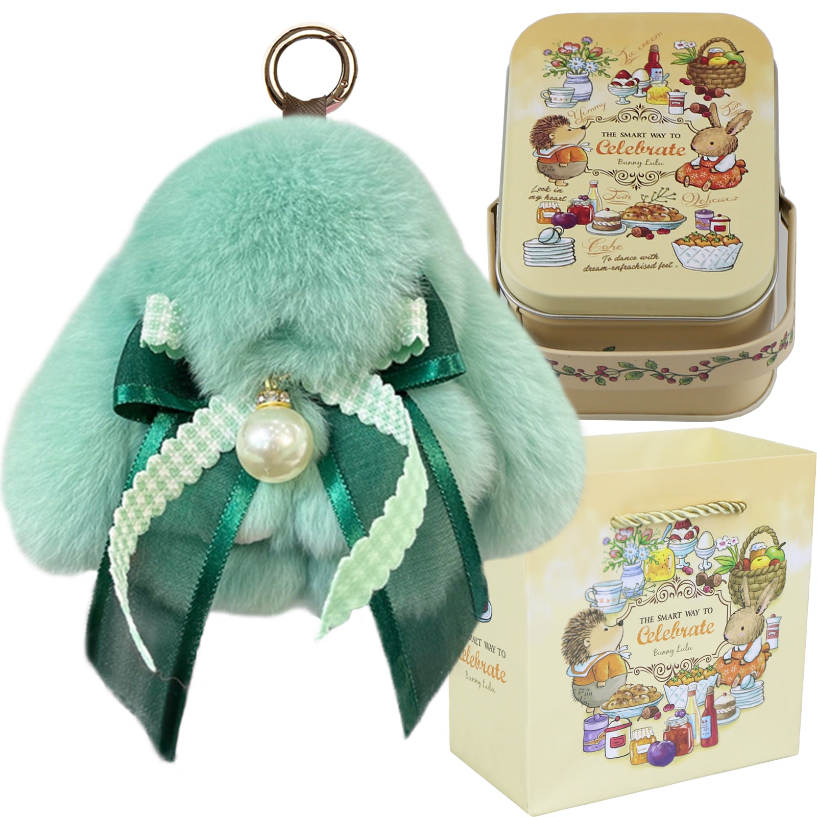 Bunny Lulu Keychain with Tin & Bag Soft Plush Bunny Keychian with Pearl Bow Key Accessory Ideal Choice for Birthday Anniversary & Holiday