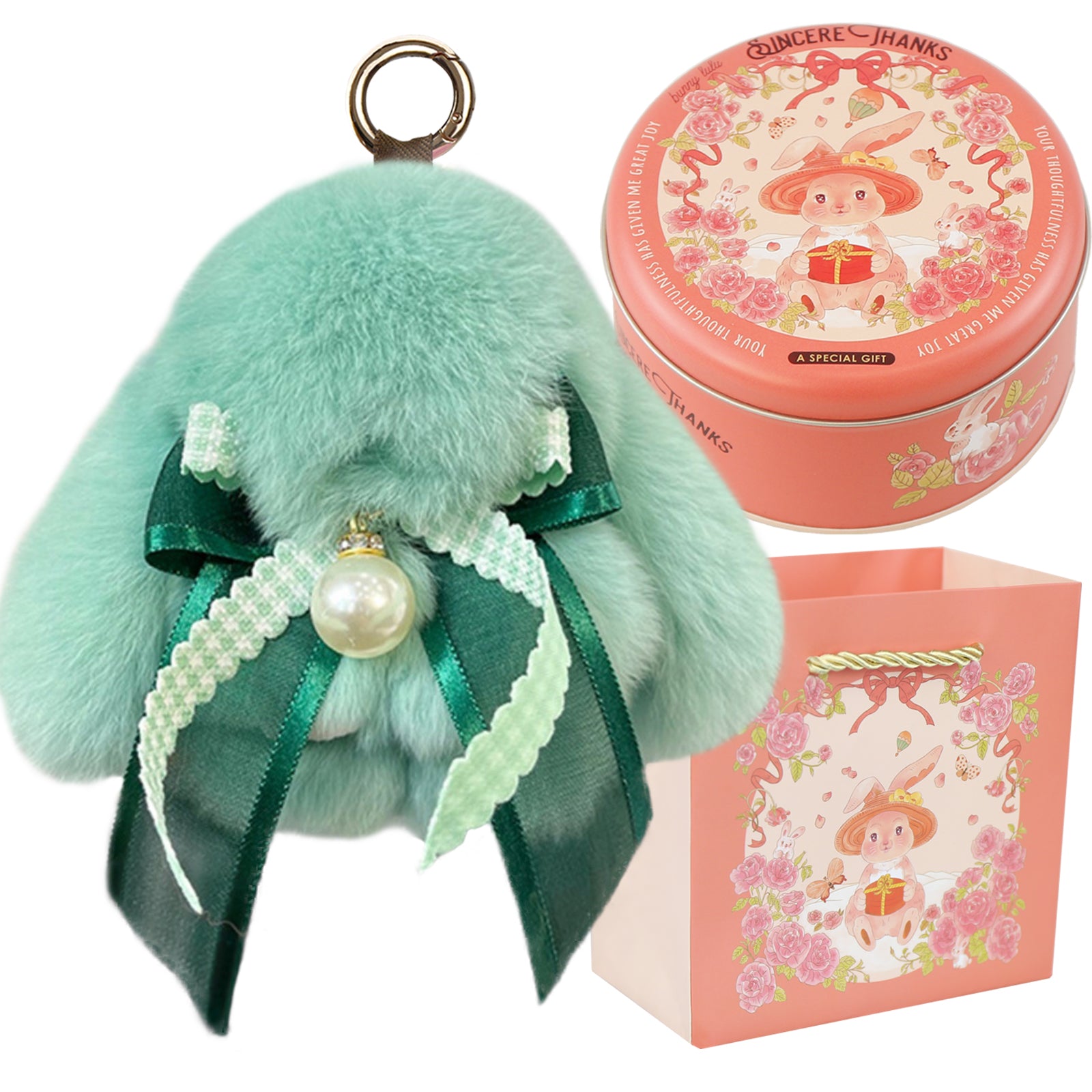 Bunny Lulu Keychain with Tin & Bag Soft Plush Bunny Keychian with Pearl Bow Key Accessory Ideal Choice for Birthday Anniversary & Holiday