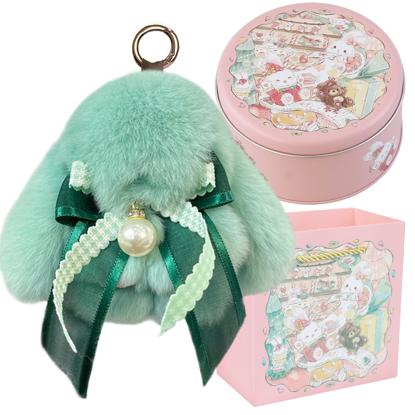 Bunny Lulu Keychain with Tin & Bag Soft Plush Bunny Keychian with Pearl Bow Key Accessory Ideal Choice for Birthday Anniversary & Holiday
