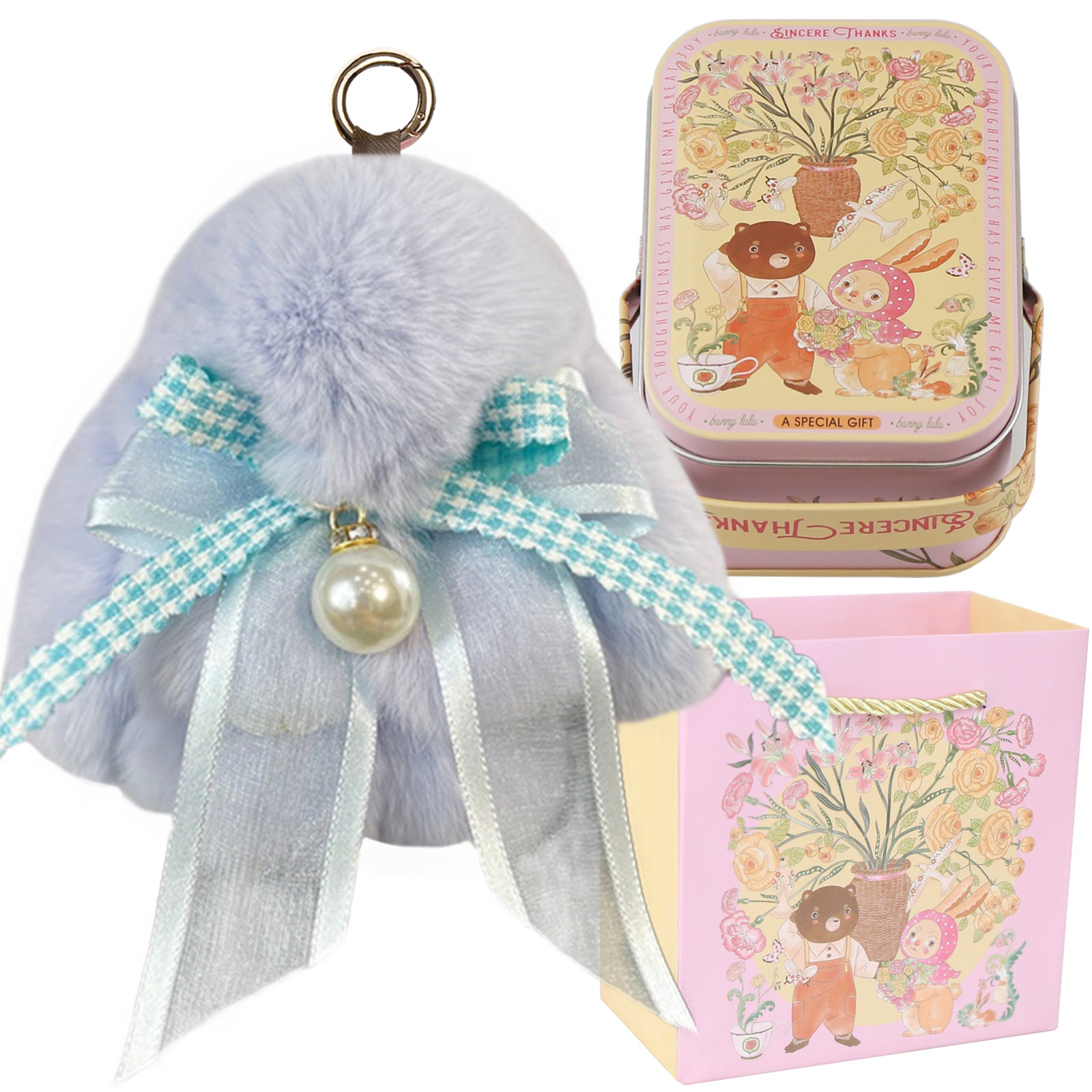 Bunny Lulu Keychain with Tin & Bag Soft Plush Bunny Keychian with Pearl Bow Key Accessory Ideal Choice for Birthday Anniversary & Holiday