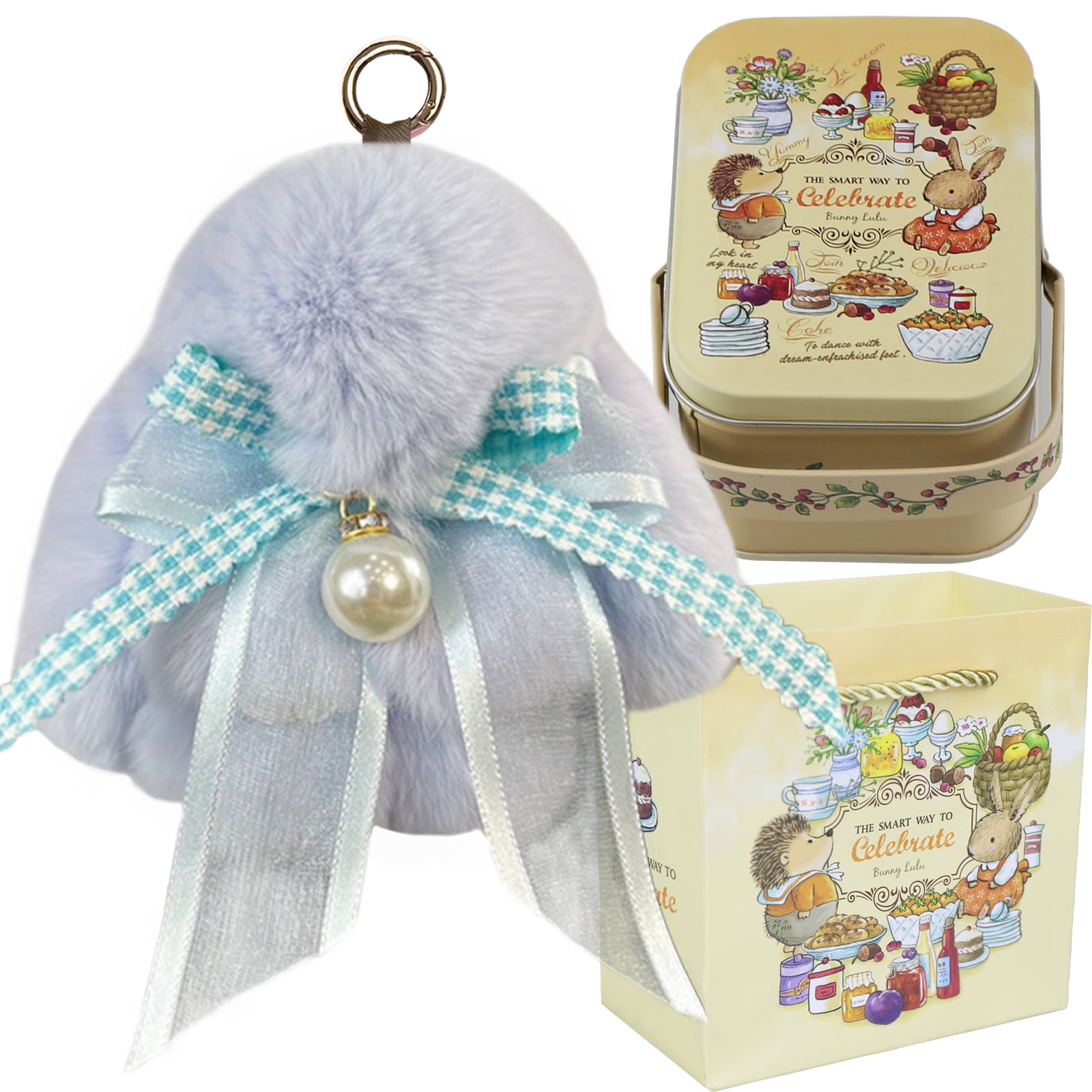 Bunny Lulu Keychain with Tin & Bag Soft Plush Bunny Keychian with Pearl Bow Key Accessory Ideal Choice for Birthday Anniversary & Holiday
