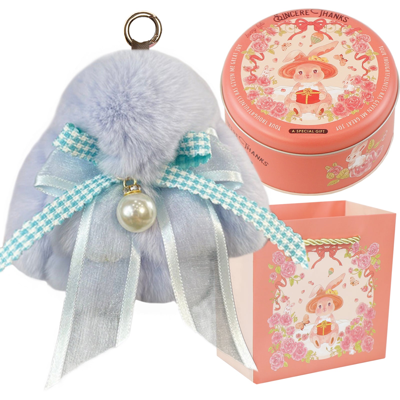 Bunny Lulu Keychain with Tin & Bag Soft Plush Bunny Keychian with Pearl Bow Key Accessory Ideal Choice for Birthday Anniversary & Holiday
